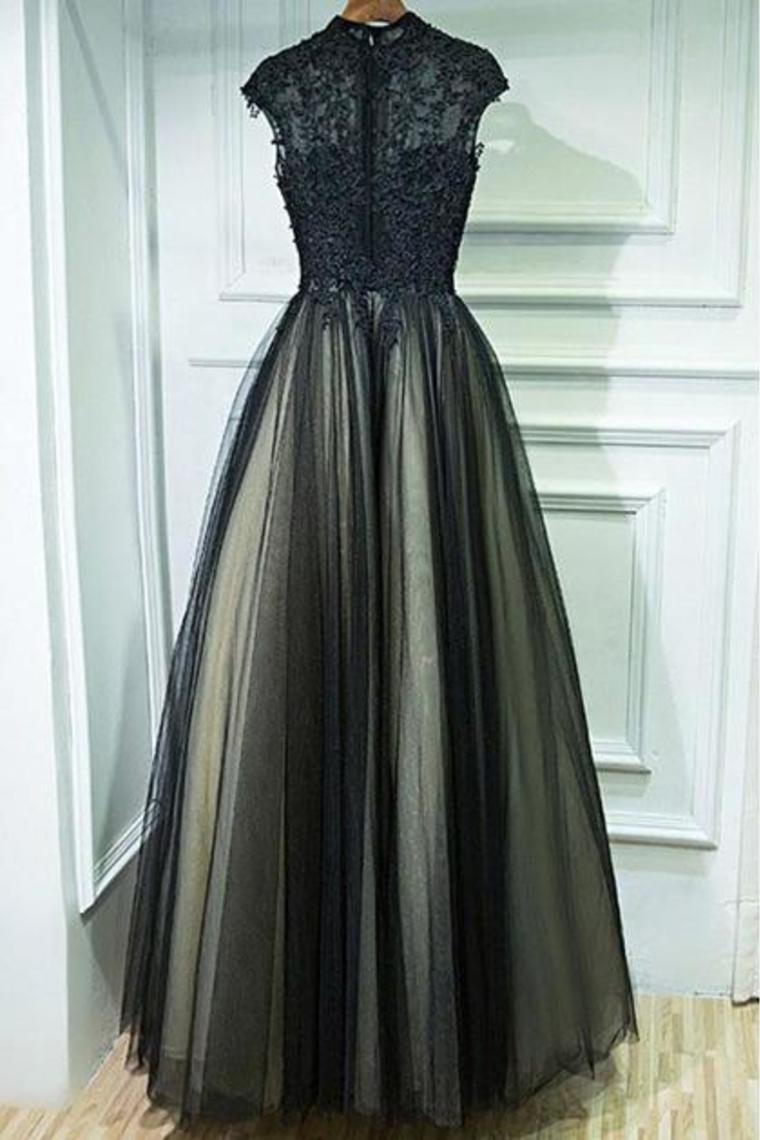 Prom Dresses Appliques Floor Length Tulle Beads Scoop