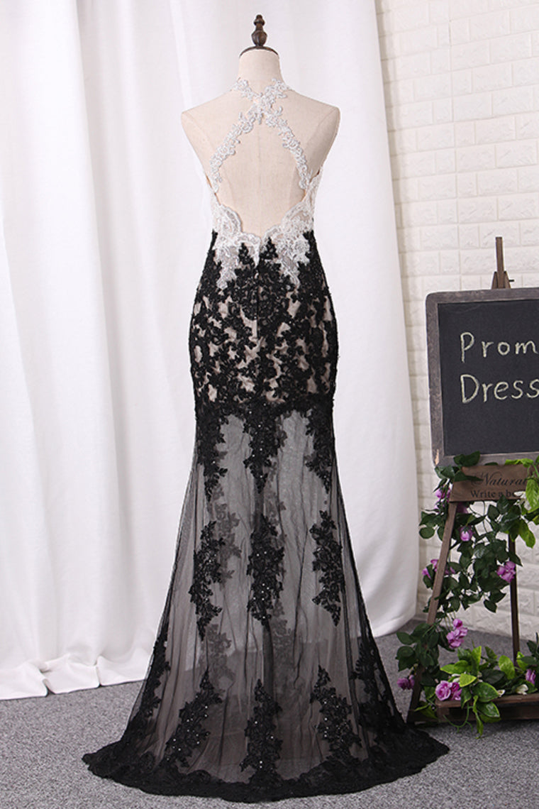 2024 Prom Dresses Mermaid Spaghetti Straps Tulle With Applique Open Back