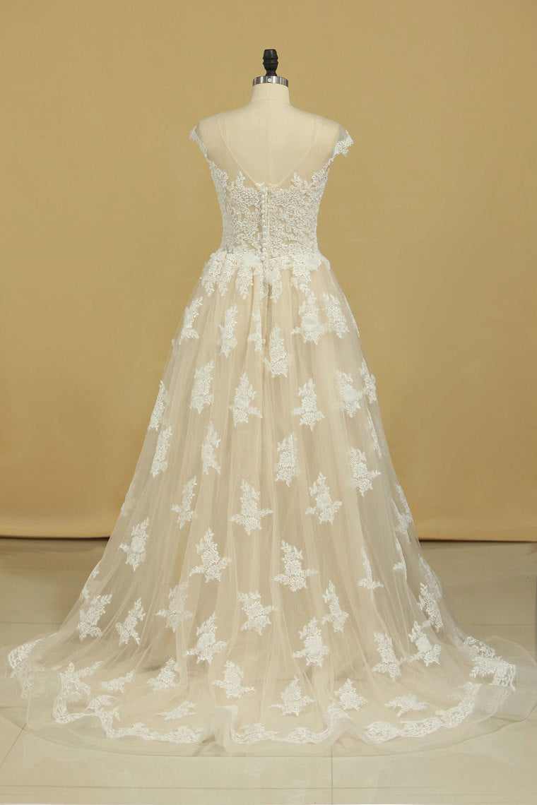 2024 Court Train Scoop  A Line Wedding Dresses Tulle With Applique