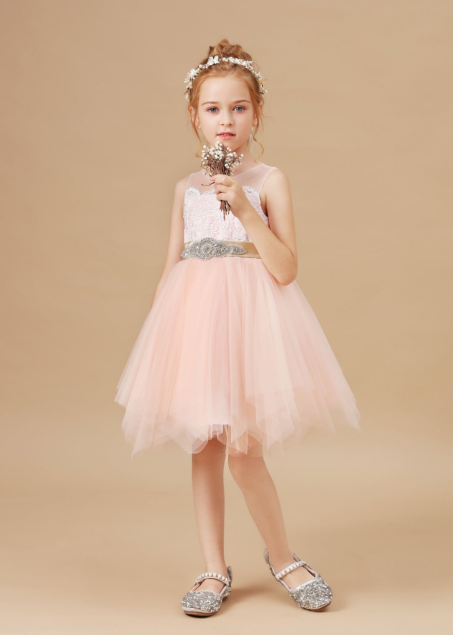 Chic Asymmetrical Sleeveless Applique Tulle Satin Flower Girl Dresses With Rhinestone Belt