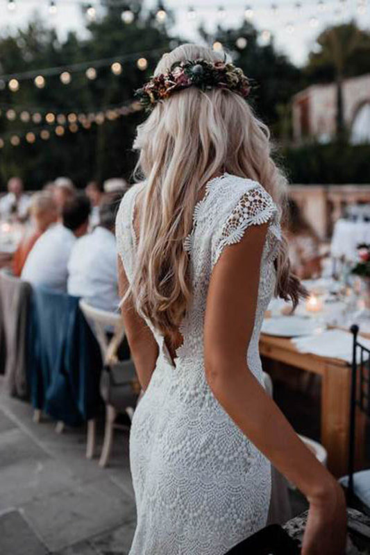 Backless Lace Mermaid Wedding Dresses Cap Sleeve Bohemian Bridal Gown