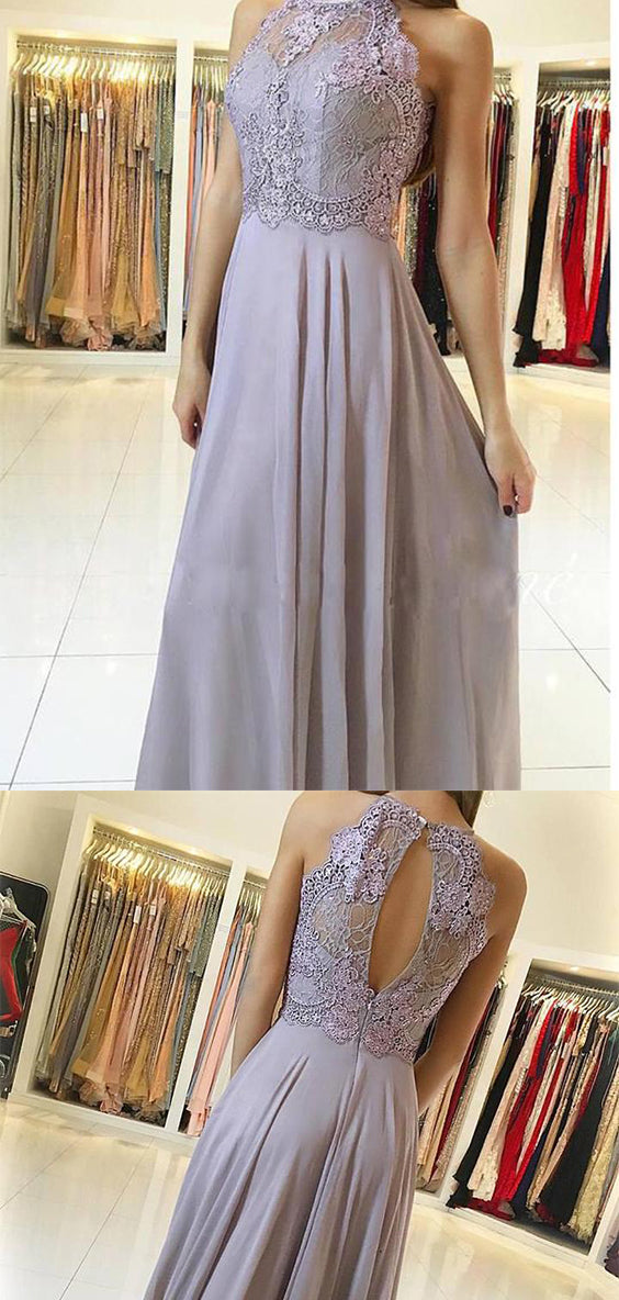 Elegant High Neck Open Back Sleeveless With Lace Appliques Prom Dresses