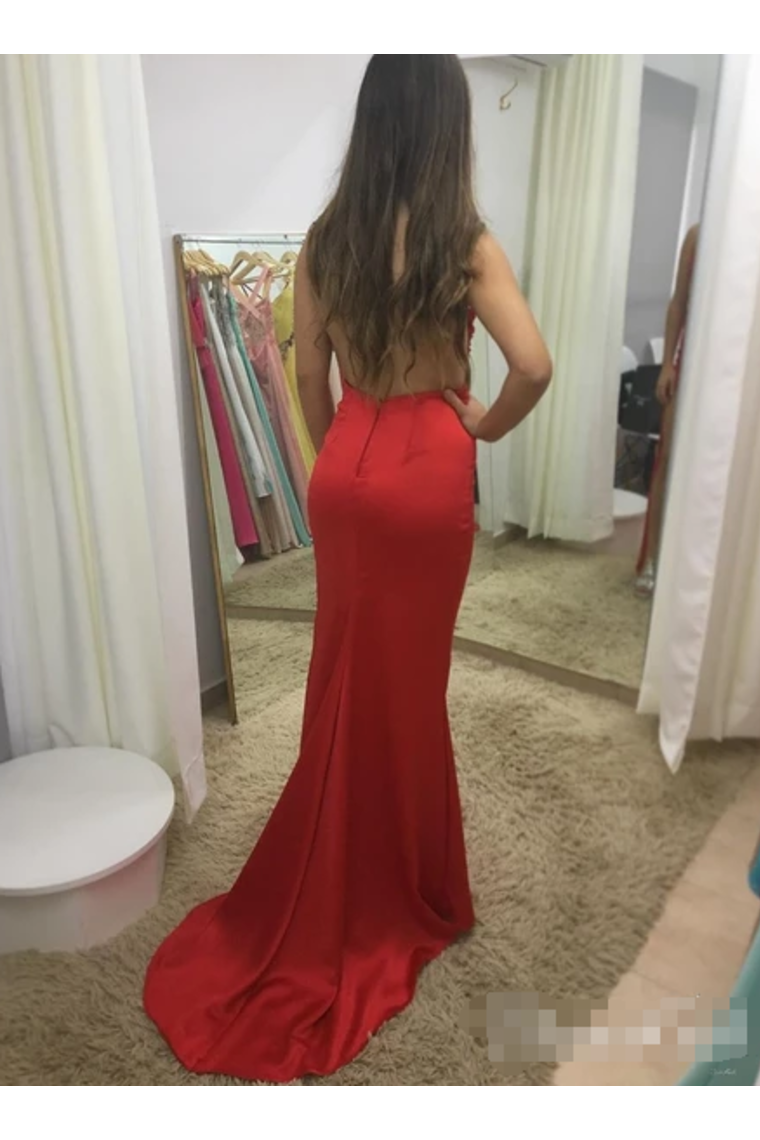 Illusion SweetHeart Neck Backless Spaghetti Red Prom Dresses With Sweep Train