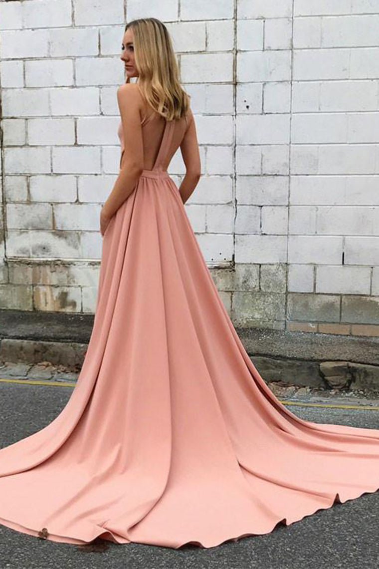 2024 Sexy Open Back High Neck A Line Satin Court Train Evening Dresses