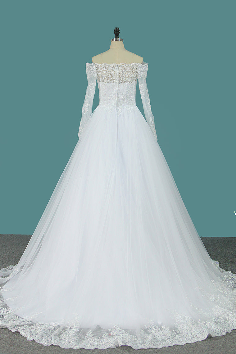 2024 Boat Neck A Line Long Sleeves Wedding Dresses Tulle With Applique