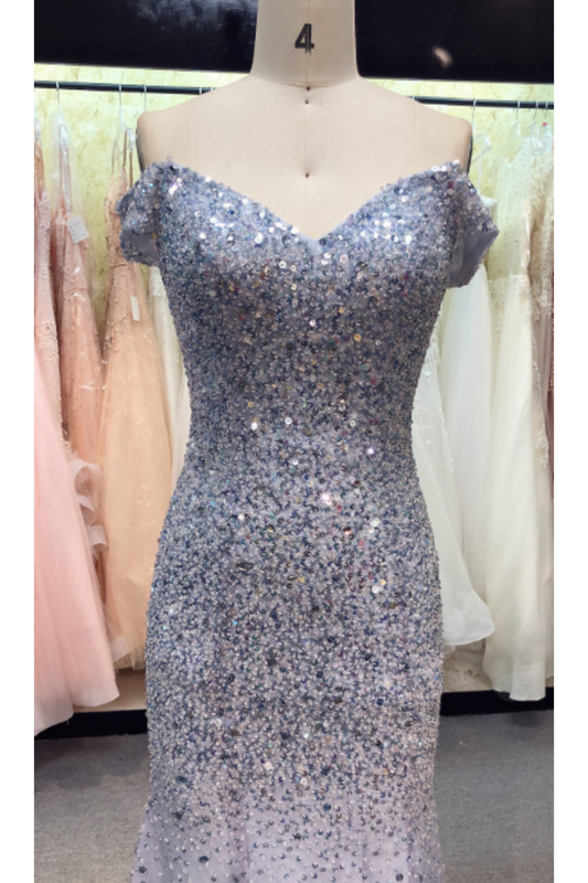 Prom Dress Off The Shoulder Sweep Train Mermaid Tulle Beads&Sequins