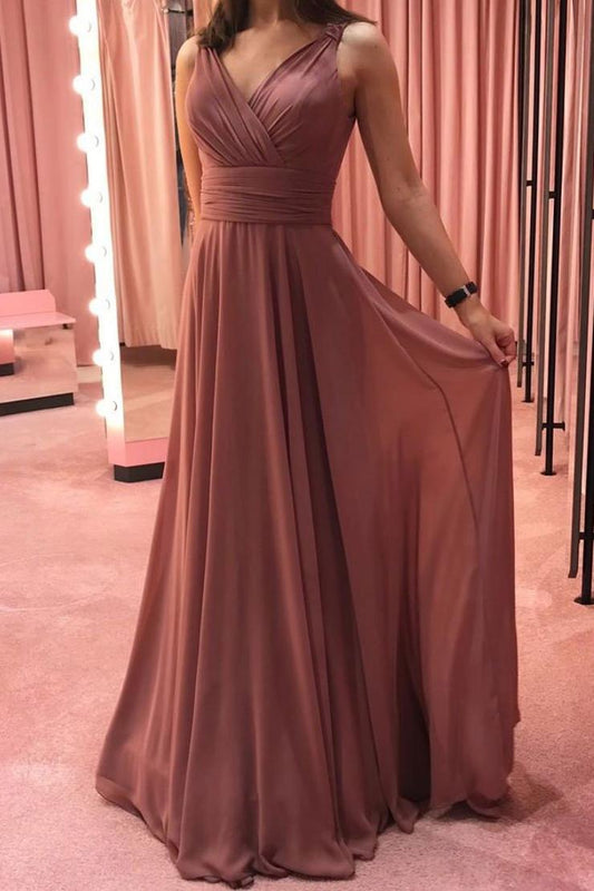 Simple Chiffon V Neck Long Prom Dresses Bridesmaid Dresses