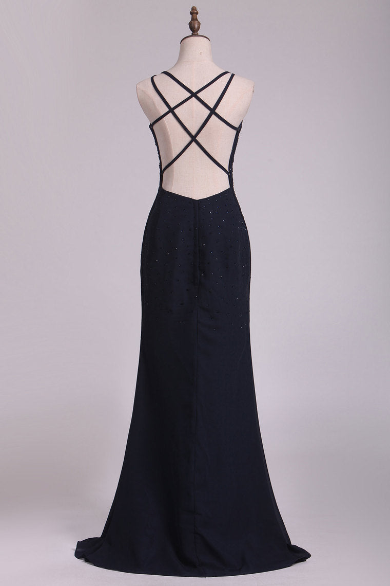 2024 Dark Navy Spaghetti Straps Sheath Chiffon With Beading Evening Dresses