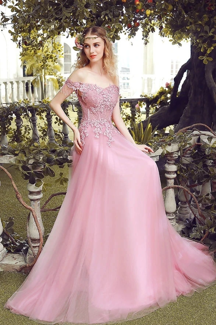 Off The Shoulder Tulle Prom Dress With Appliques, Long Evening Dresses