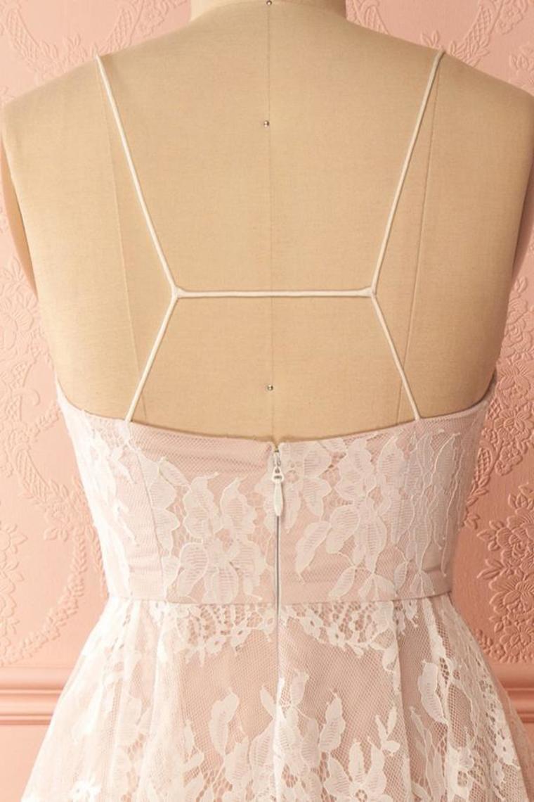 Spaghetti Straps Pink And Ivory Open Back Lace High Low Prom Dresses