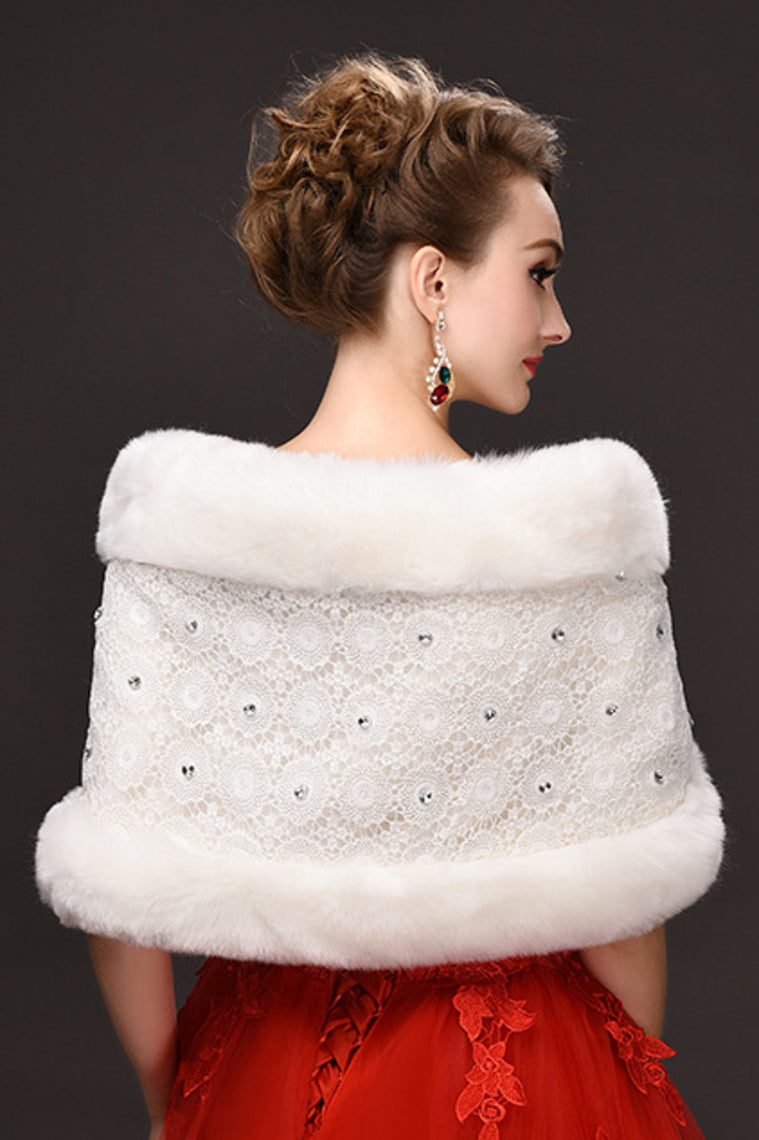 Graceful White Faux Fur Wedding Wrap With Rhinestones