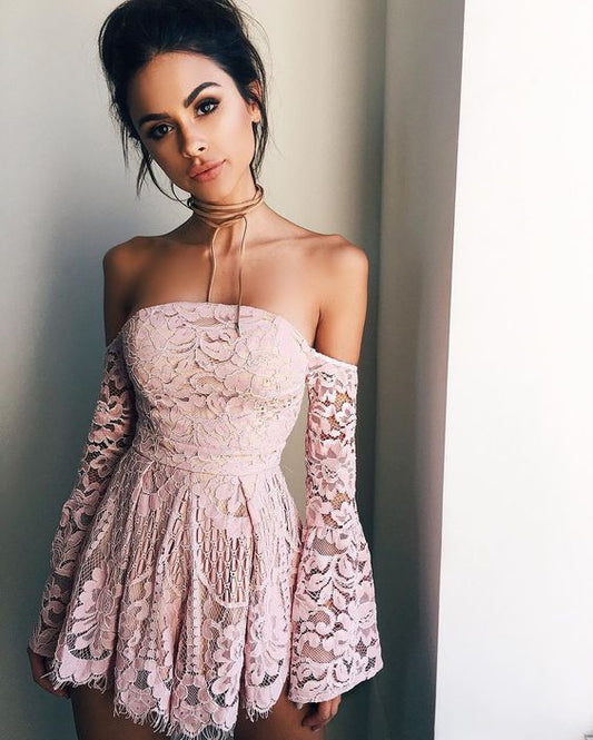 Patricia Cocktail Lace Homecoming Dresses A-Line Off-The-Shoulder Long Sleeves Short Blush 2024