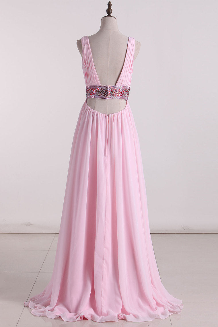 2024 A Line Prom Dresses V Neck Chiffon With Beads And Ruffles