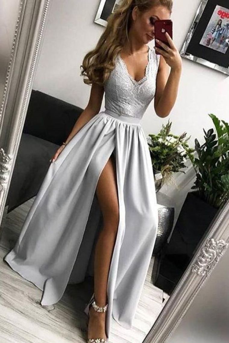 Front Split Sliver Lace Satin Long V-Neck Charming Elegant Prom Dresses Cute Dresses