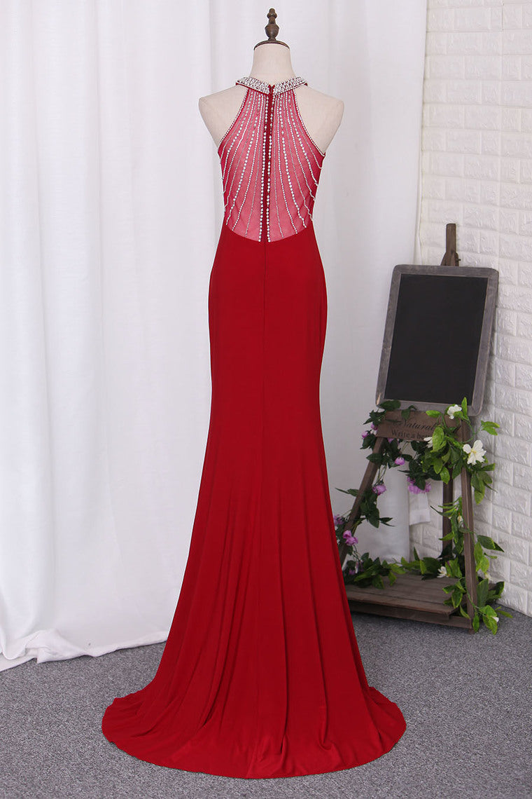 2024 Prom Dresses Scoop Mermaid Spandex With Beading Sweep Train