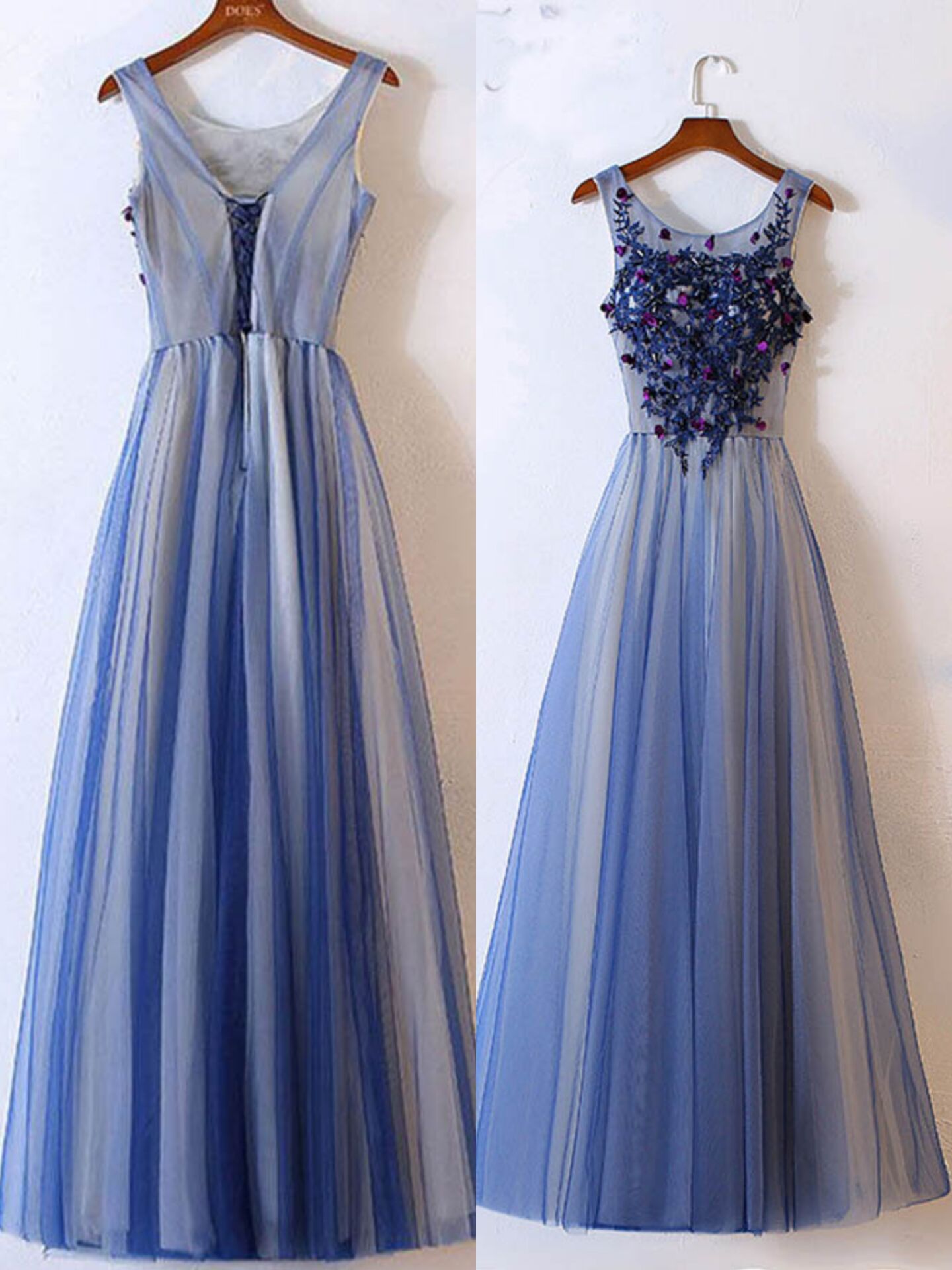 Blue Scoop Neck Sleeveless A Line Floor Length Beading Prom Dresses