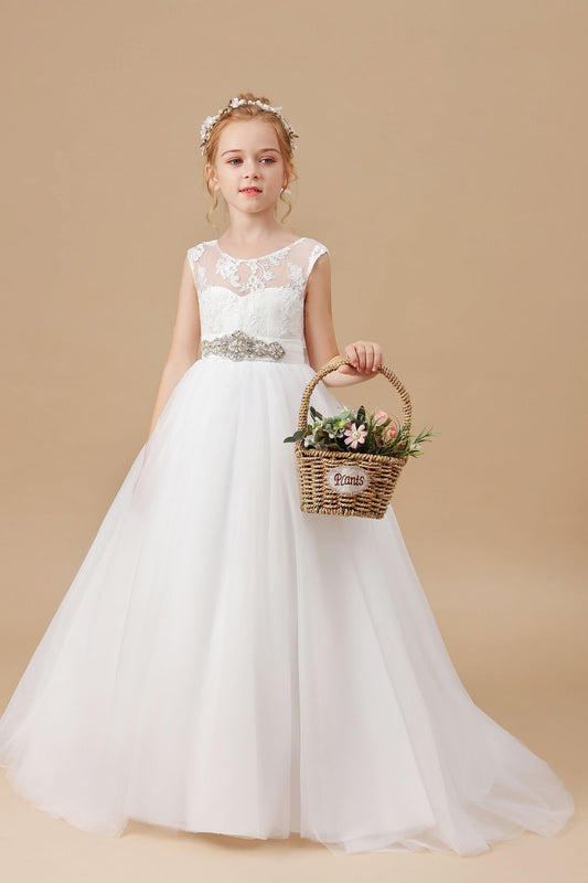 Ivory Floor-length Bowknot Tulle Flower Girl Dresses With Rhinestones Sash