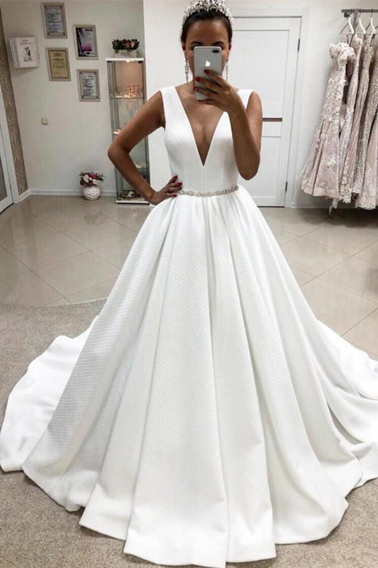 Elegant Deep V-Neck Simple Ball Gown Wedding Dresses Bridal Dresses