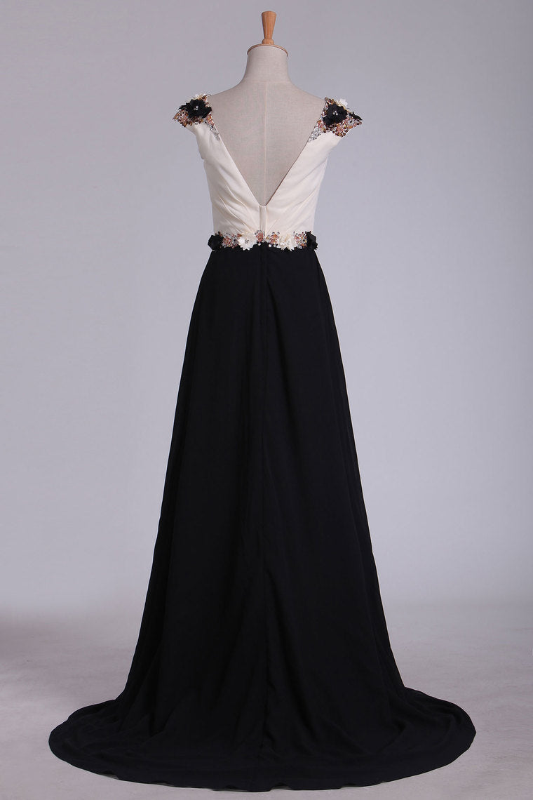 2024 Chiffon Prom Dresses Bateau Open Back With Beading Sweep Train