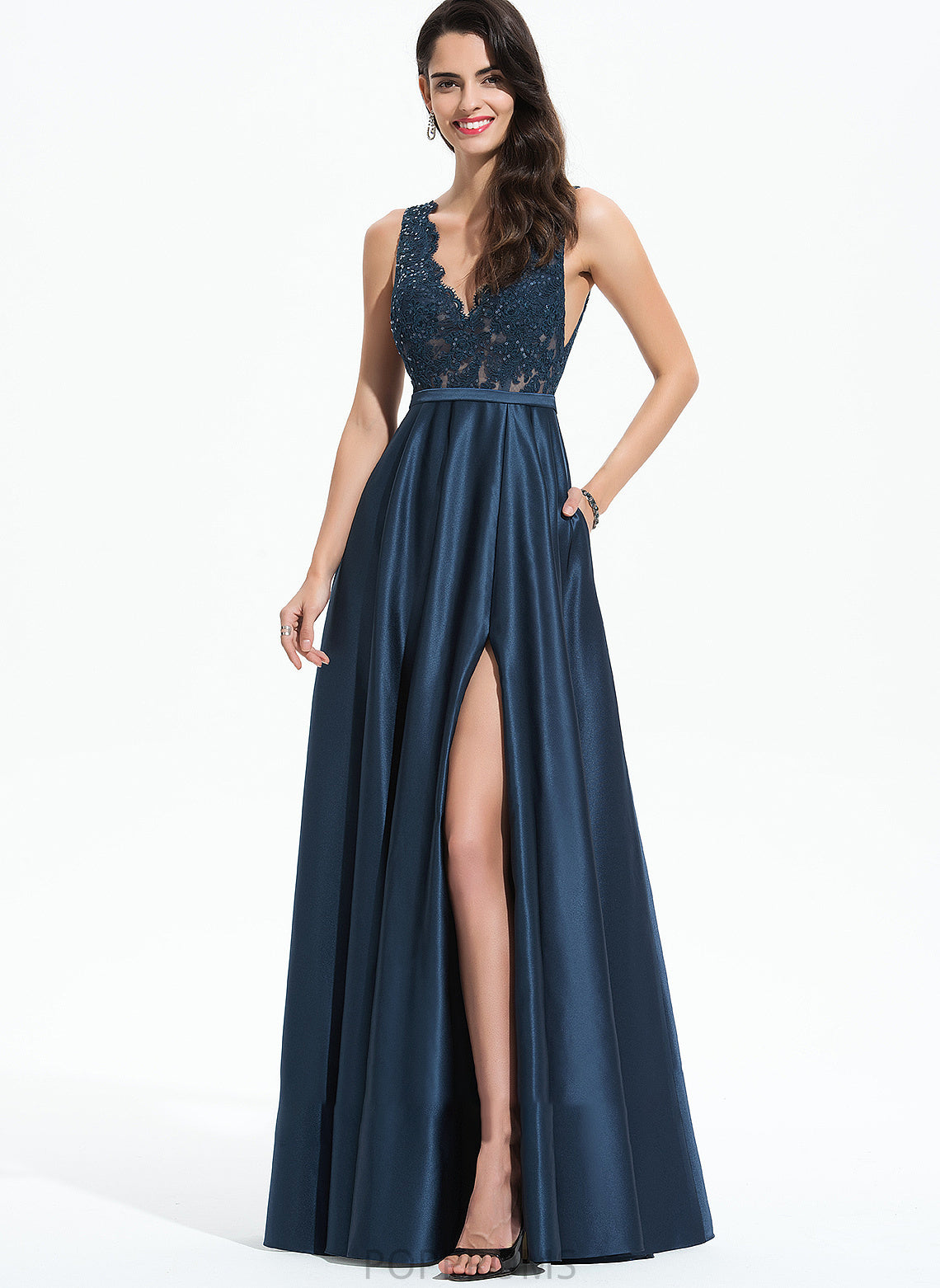 V-neck Floor-Length Susan Front A-Line With Prom Dresses Split Satin Lace Pockets Sequins