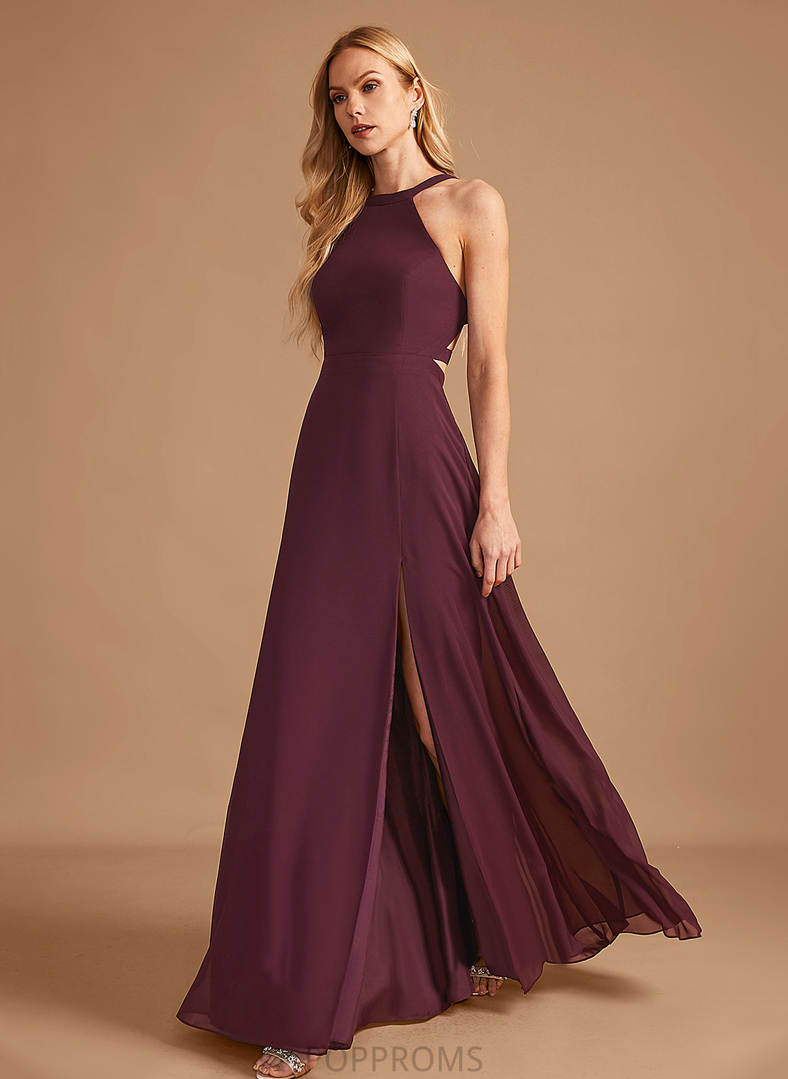 Embellishment Length A-Line HighNeck Floor-Length SplitFront Silhouette Fabric Neckline Renee Spaghetti Staps Natural Waist Bridesmaid Dresses