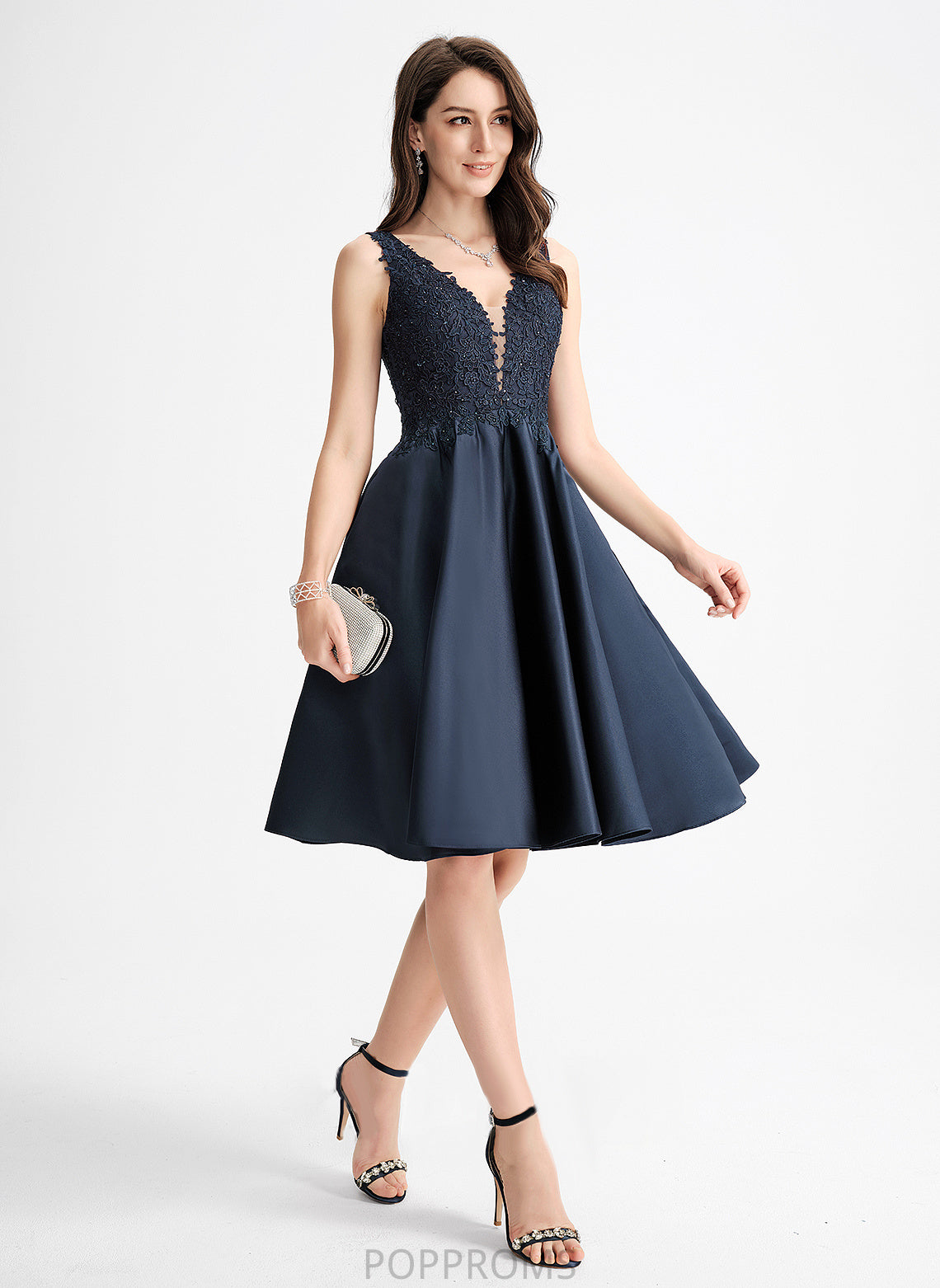 Beading Dress Homecoming Dresses Homecoming Lace V-neck With A-Line Liliana Satin Knee-Length