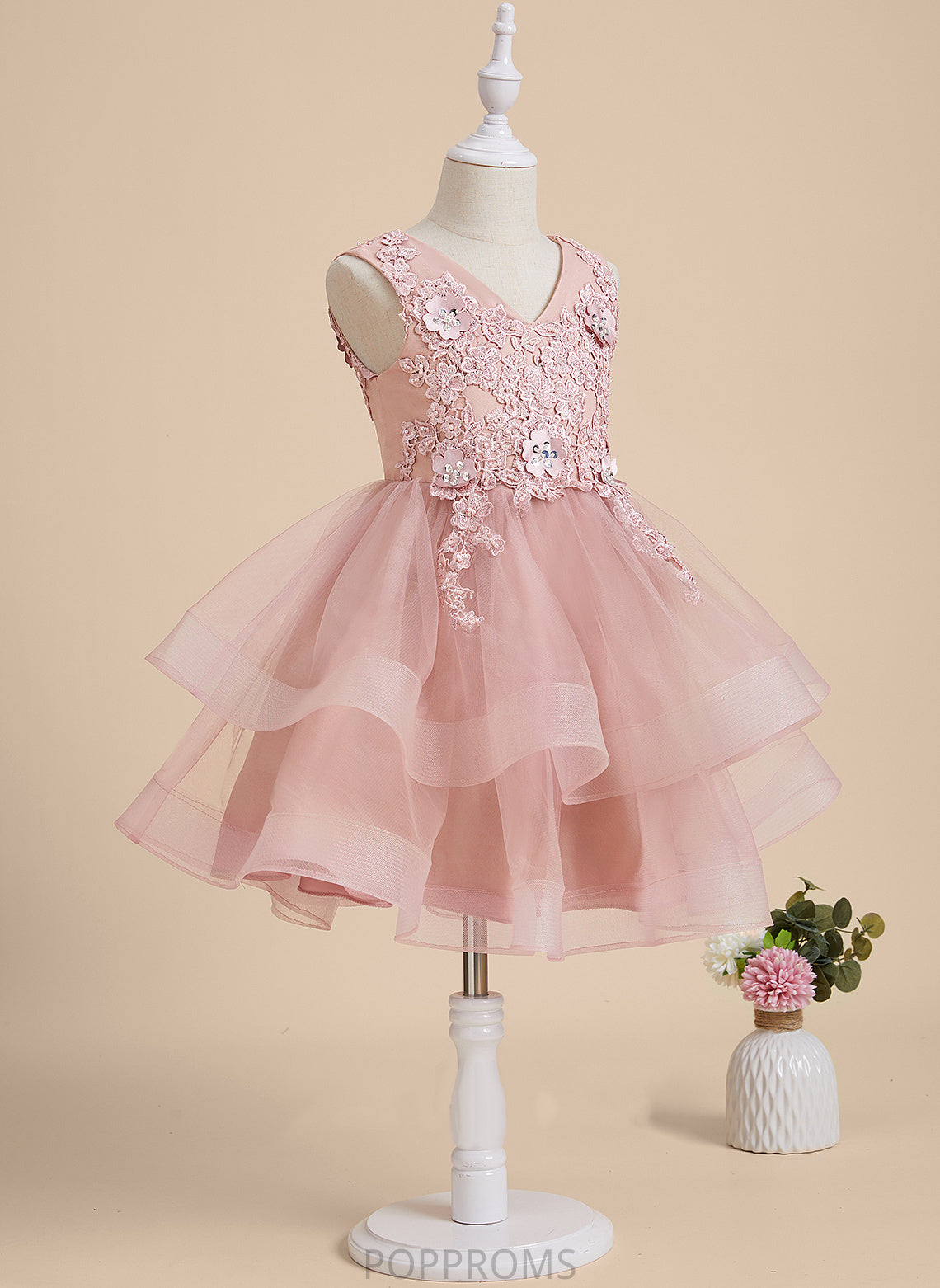 Tulle/Lace Flower V-neck Dress Girl - Arely With Beading/Flower(s)/Sequins Knee-length Sleeveless Flower Girl Dresses A-Line