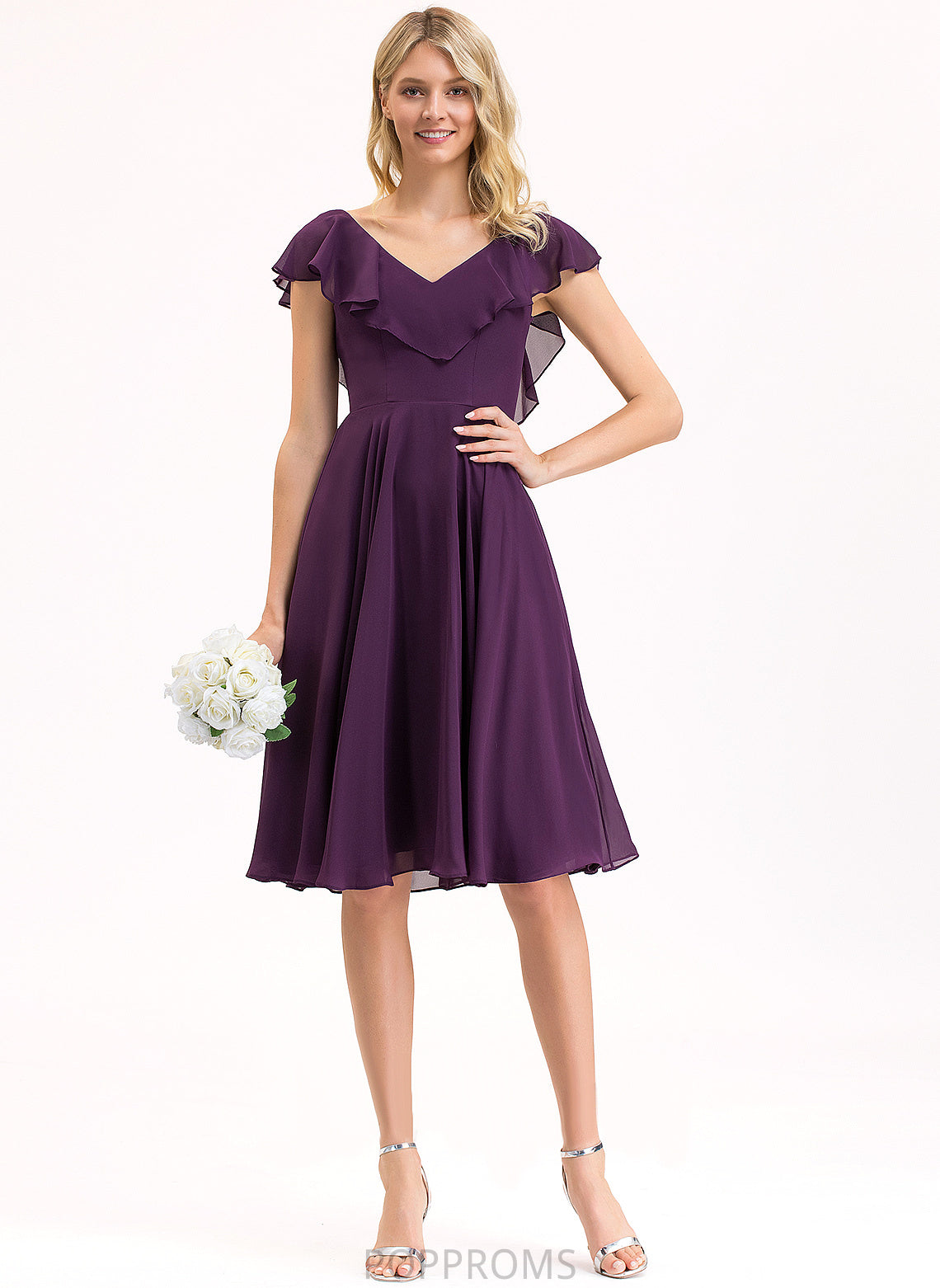 With Ruffles Chiffon Cascading Dress Knee-Length A-Line Cocktail Dresses Cocktail V-neck Georgia