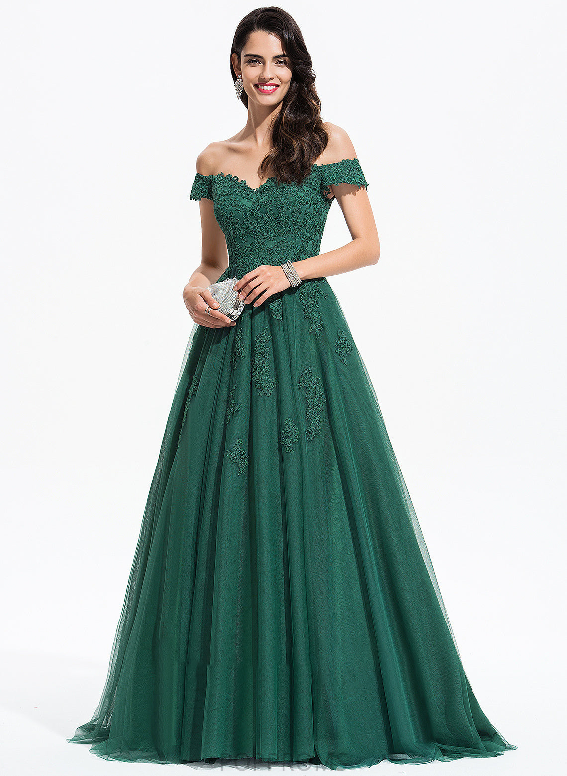 Kathryn V-neck Ball-Gown/Princess Tulle With Lace Train Sweep Prom Dresses