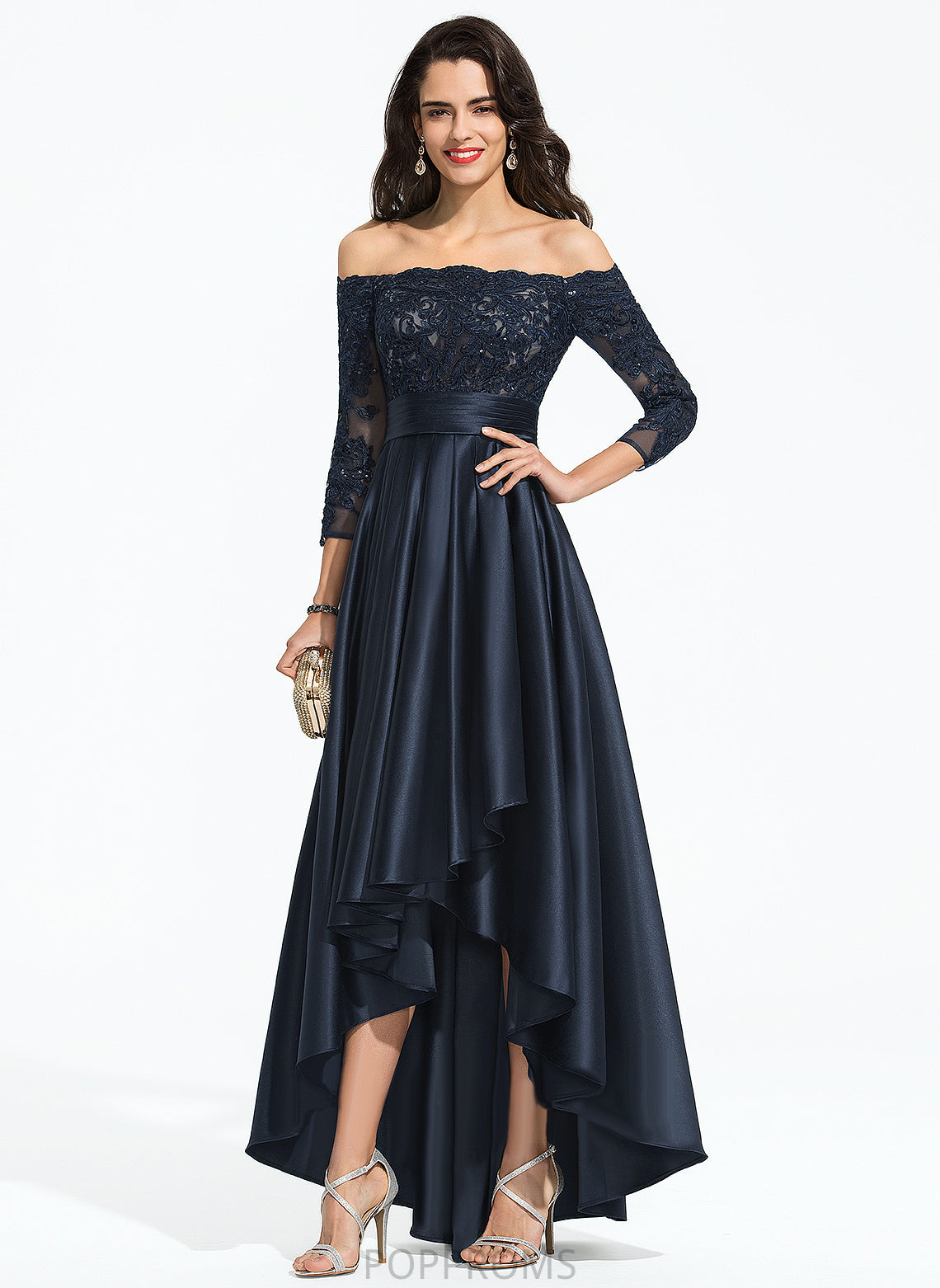 Satin Makaila With Sequins A-Line Prom Dresses Lace Off-the-Shoulder Cascading Asymmetrical Ruffles