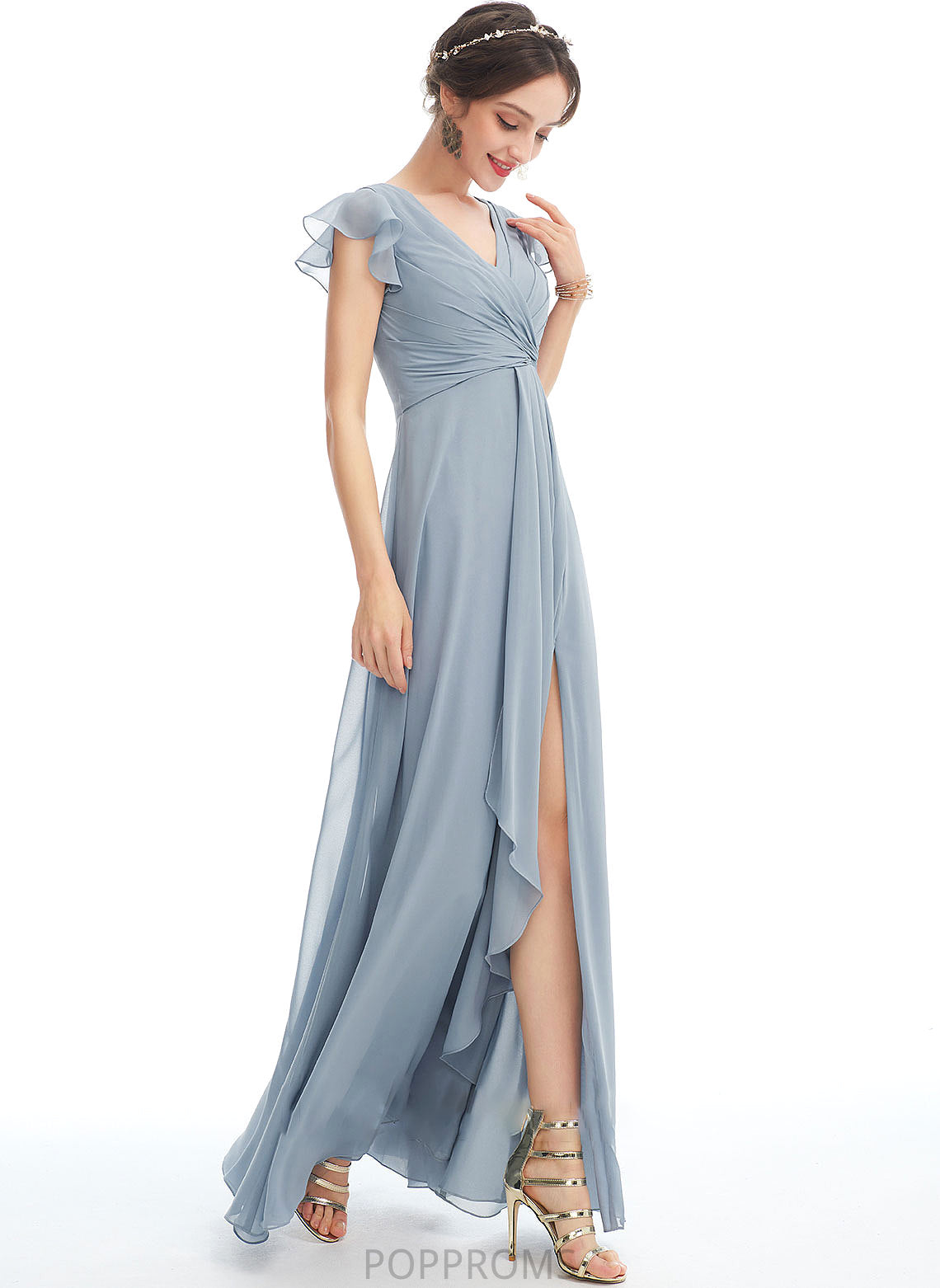 SplitFront Length Fabric V-neck A-Line Floor-Length Neckline Embellishment Ruffle Silhouette Carlee V-Neck Bridesmaid Dresses