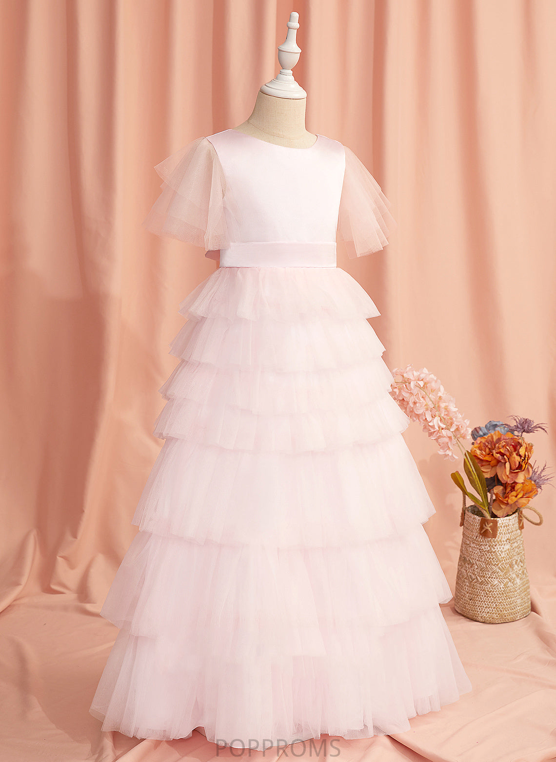 Maddison Back Short Dress Girl Ruffles/V Floor-length Flower Flower Girl Dresses Scoop Tulle Neck - With Ball-Gown/Princess Sleeves