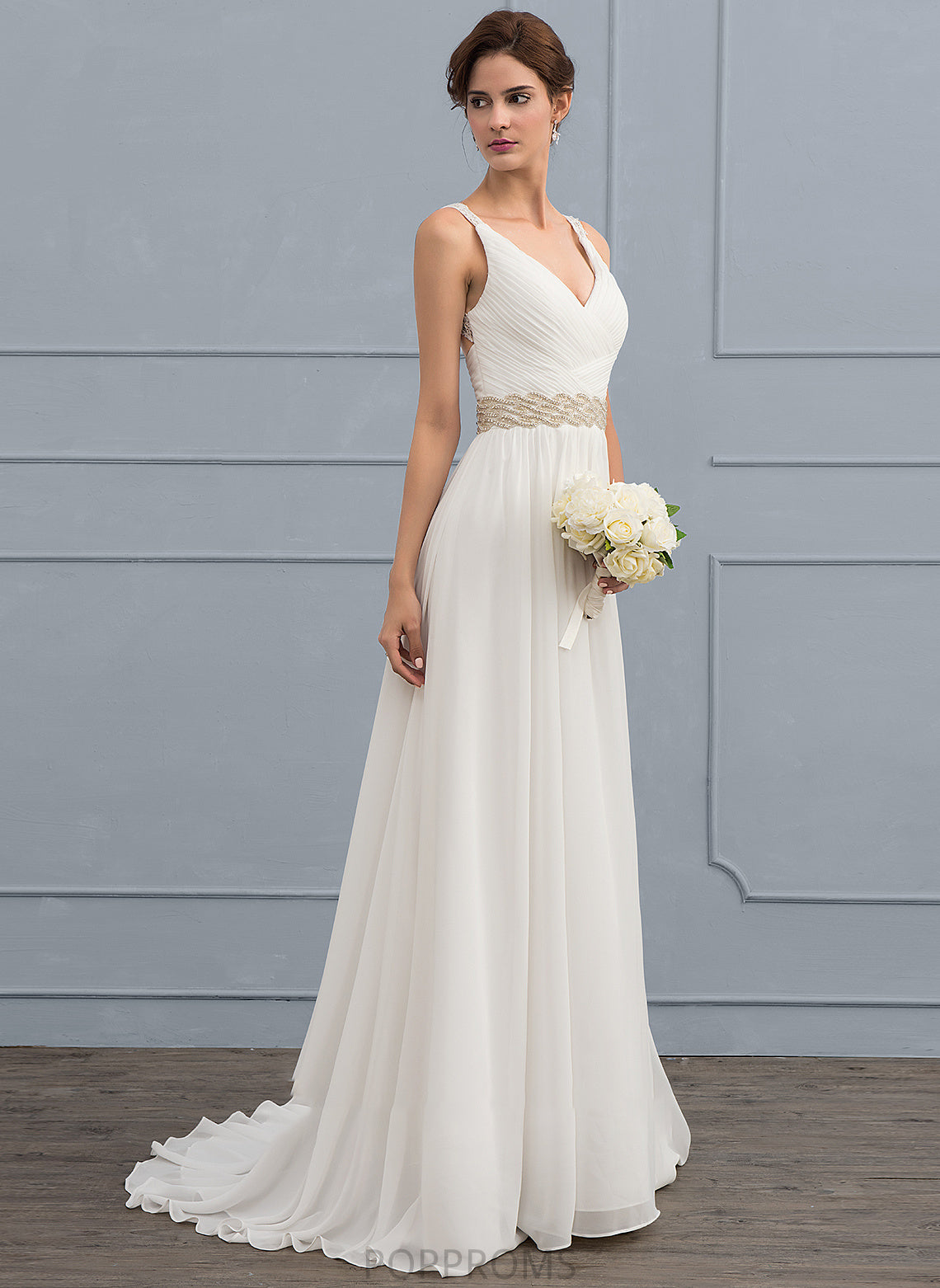 Sequins Lilyana With Lace Ruffle A-Line Chiffon Sweep Wedding Dresses Train Dress Beading Wedding V-neck