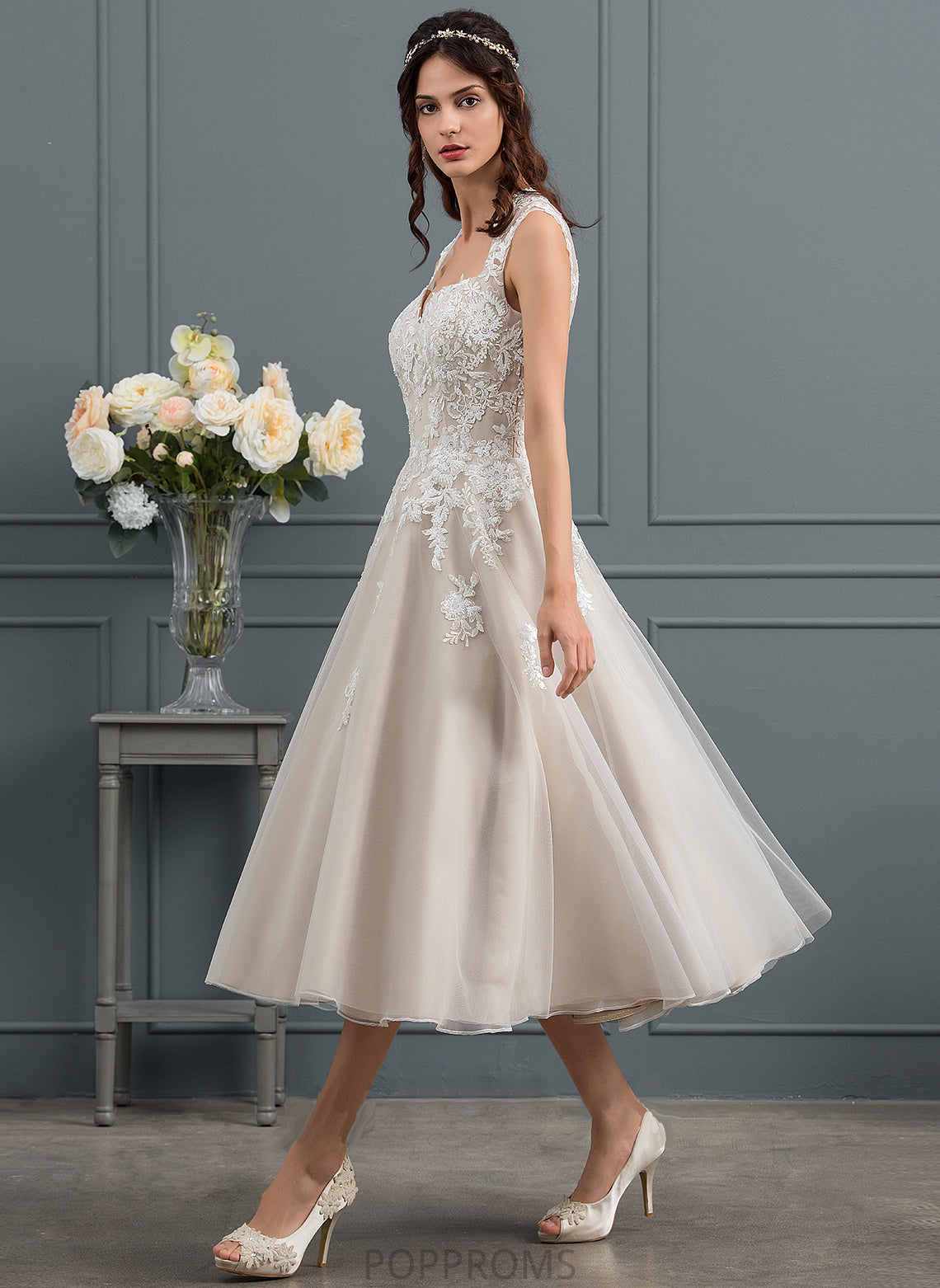 Yadira Tulle Sweetheart Tea-Length Wedding Dresses Wedding Sequins With Ball-Gown/Princess Dress