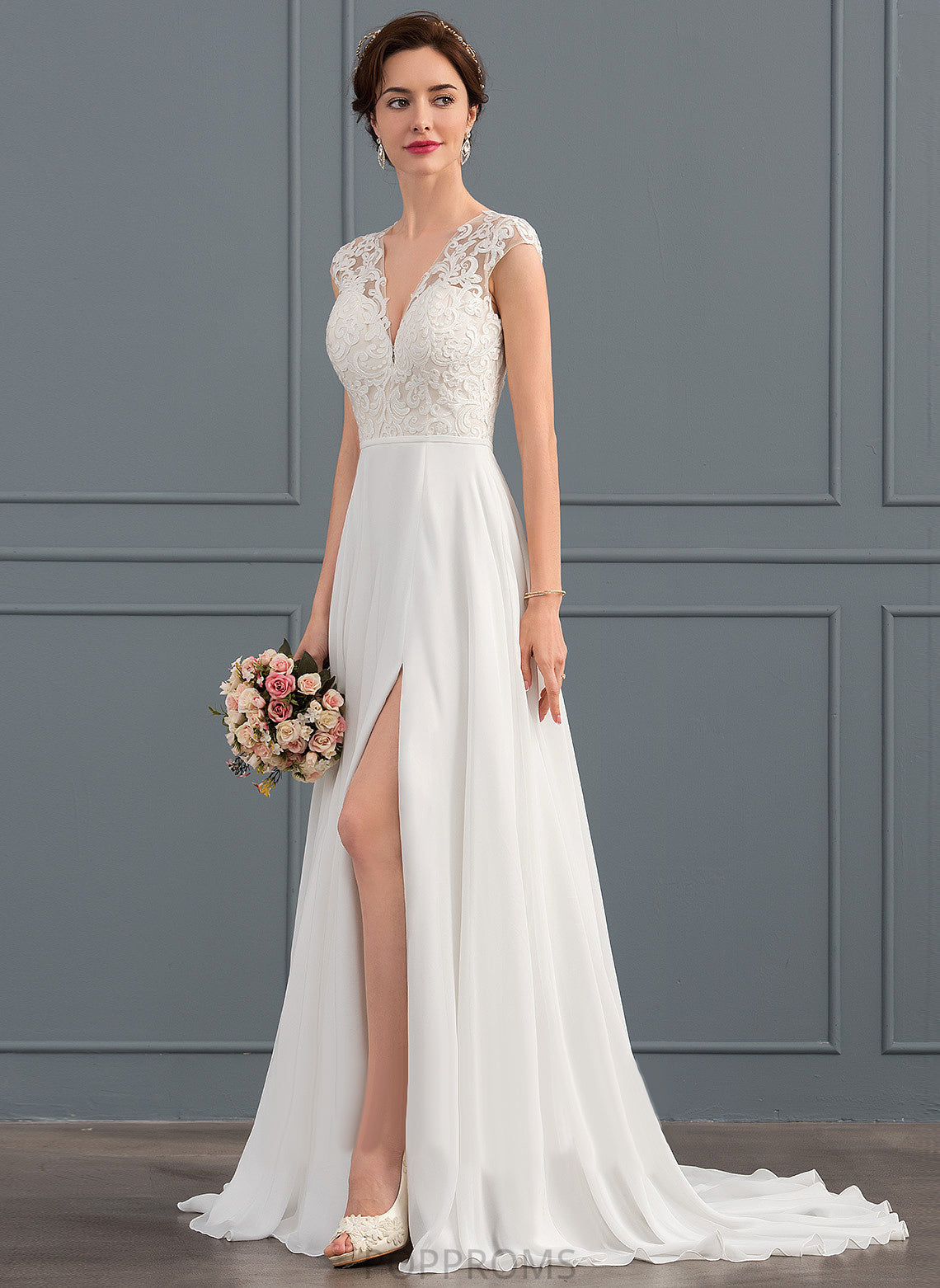 Sweep Split With Lace Front Train A-Line V-neck Wedding Dress Wedding Dresses Simone Chiffon