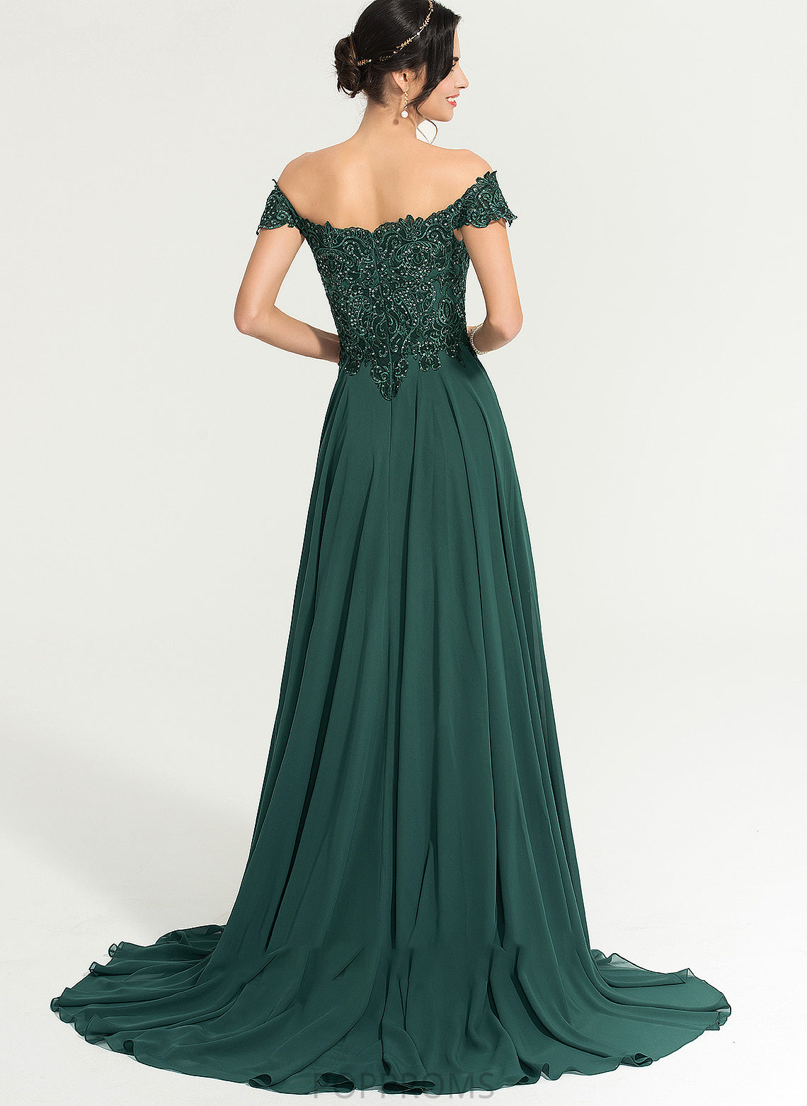 Sweep Front Train A-Line Kyla Prom Dresses With Chiffon Split Off-the-Shoulder Sequins