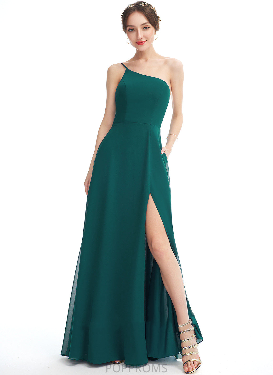 One-Shoulder Silhouette Pockets A-Line Length SplitFront Floor-Length Fabric Neckline Embellishment Ainsley Natural Waist Bridesmaid Dresses