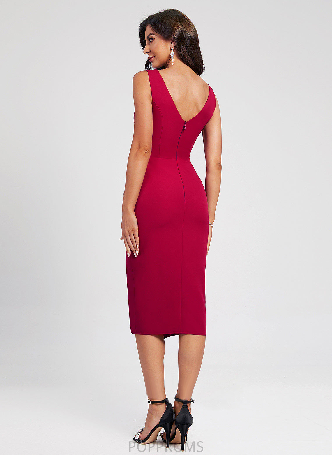 Sheath/Column Cocktail Dresses Knee-Length Karen Crepe Ruffle Stretch Cocktail Dress Split Front V-neck With