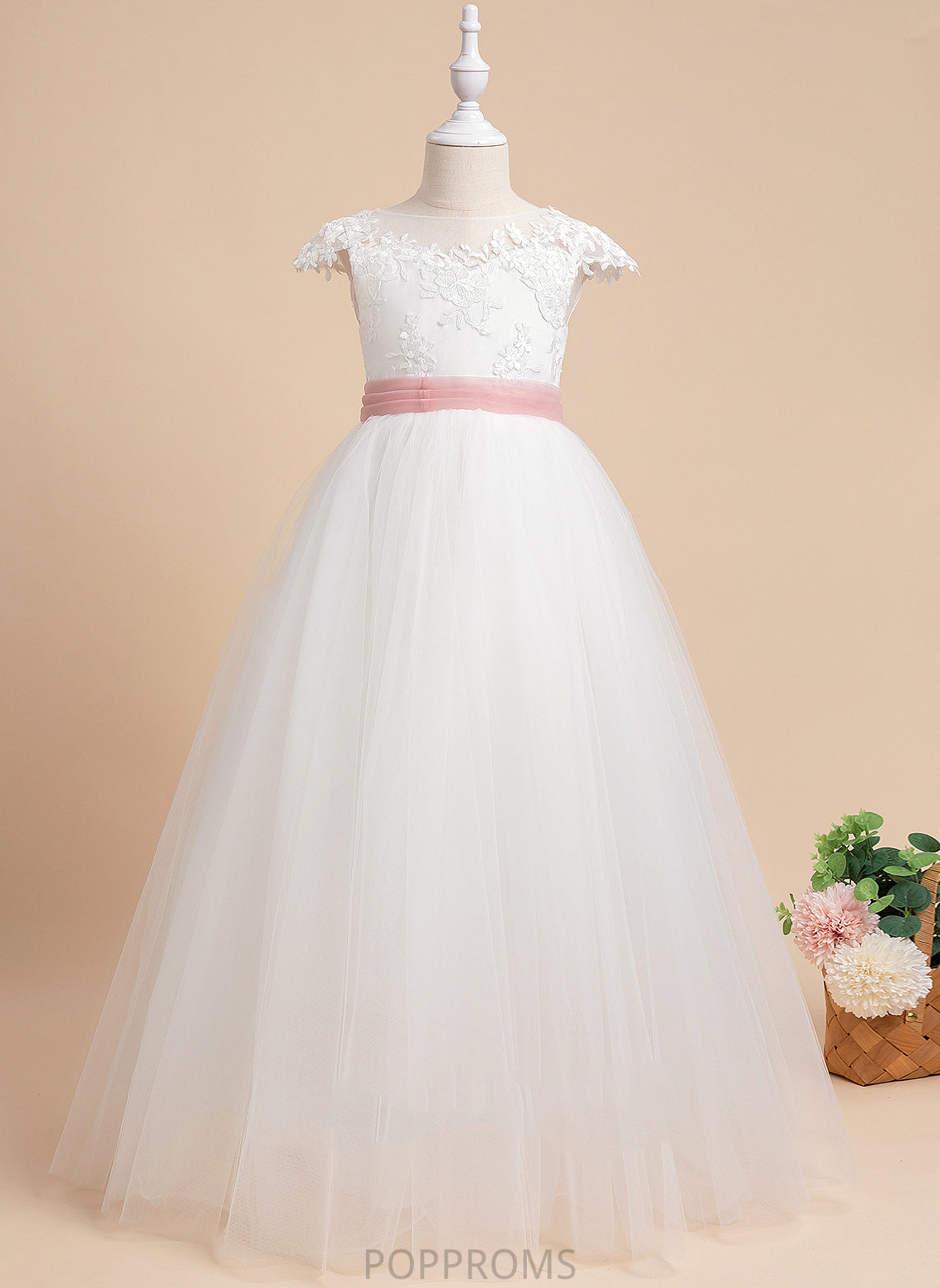 With Sleeveless Dress Willow Scoop Ball-Gown/Princess Flower Neck Lace/Sash Floor-length Girl Lace - Flower Girl Dresses