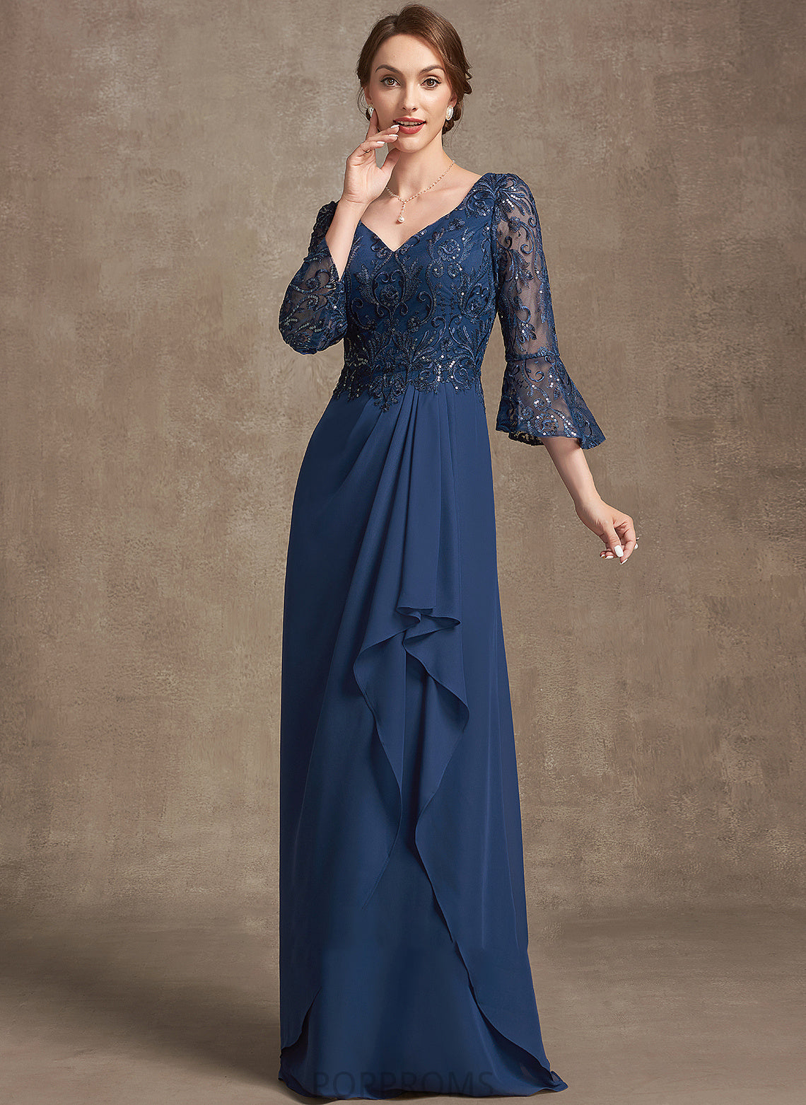 Chiffon A-Line V-neck Mother of the Bride Dresses Janice Cascading With Sequins Ruffles of Mother Bride Lace Dress the Floor-Length