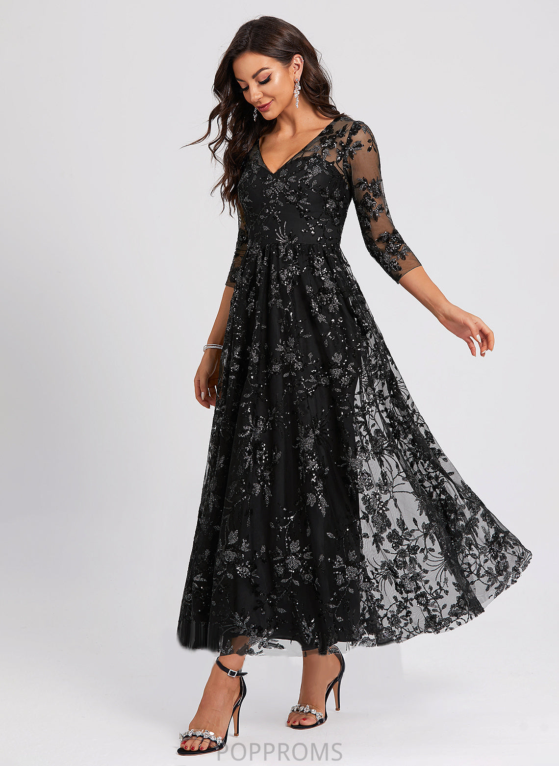 A-Line Cocktail Lace Livia Cocktail Dresses Ankle-Length Sequined V-neck Dress