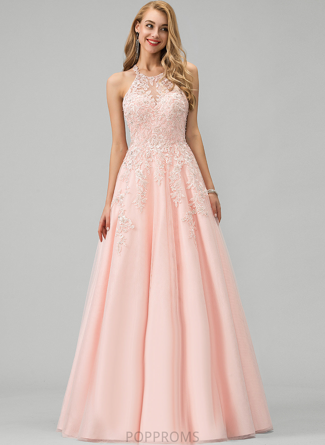 With Sequins Ball-Gown/Princess Beading Elaina Floor-Length Scoop Tulle Prom Dresses