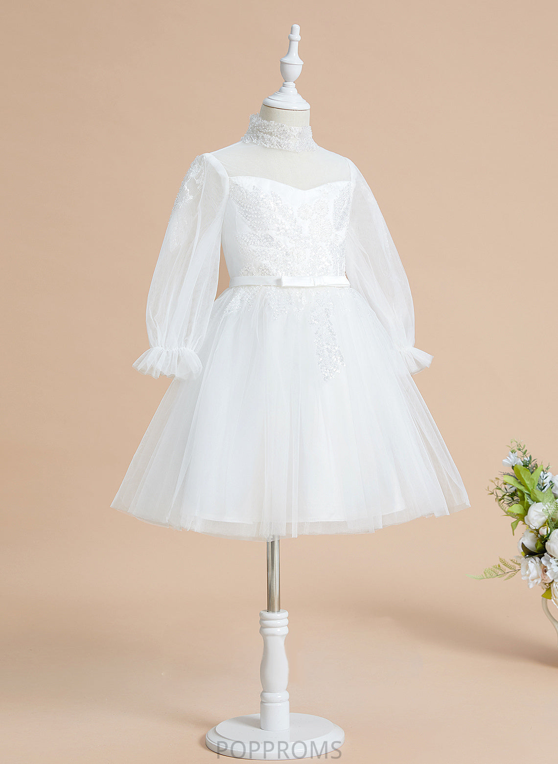 Sleeves Flower Girl Dresses Sequins With Girl Dress Knee-length Tulle Neck High - Long A-Line Hadassah Flower