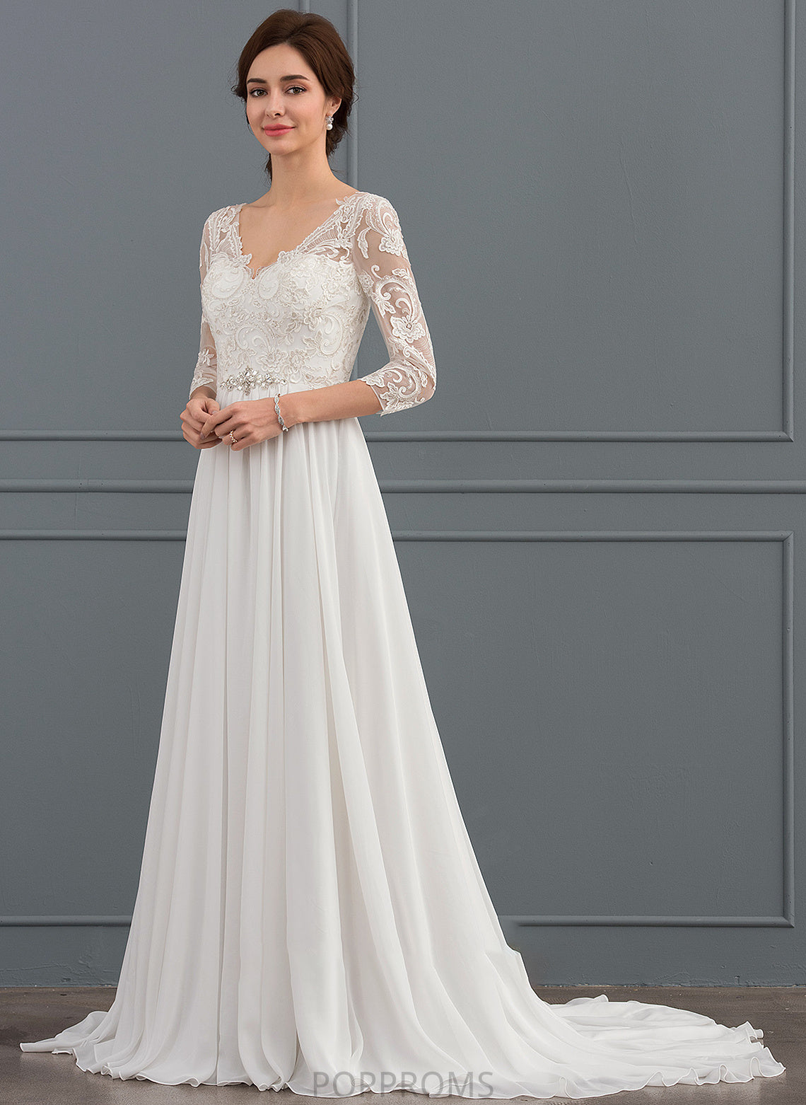 With Lace V-neck Wedding Sweep Beading Bailee A-Line Chiffon Sequins Wedding Dresses Dress Train