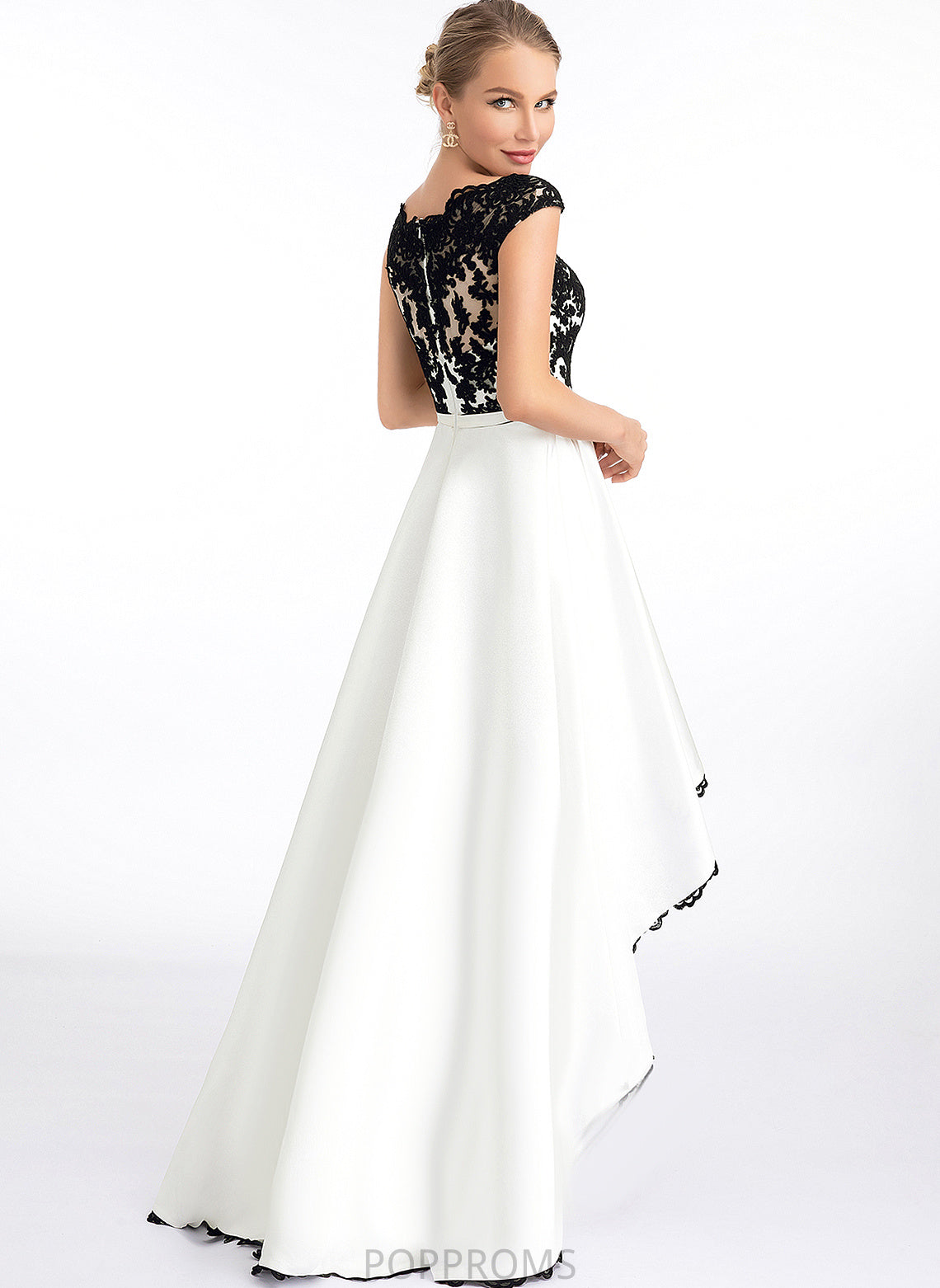 Lace Satin Adrianna Asymmetrical Prom Dresses Scoop Ball-Gown/Princess