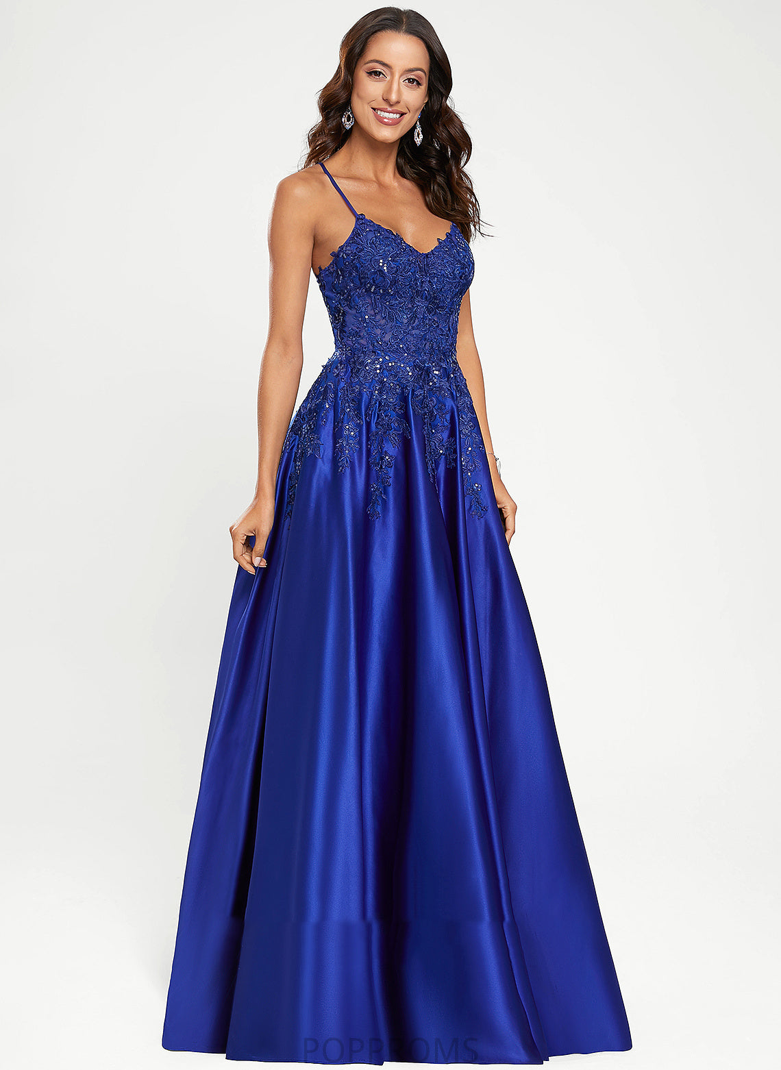 With Satin V-neck Suzanne Sequins Floor-Length A-Line Prom Dresses