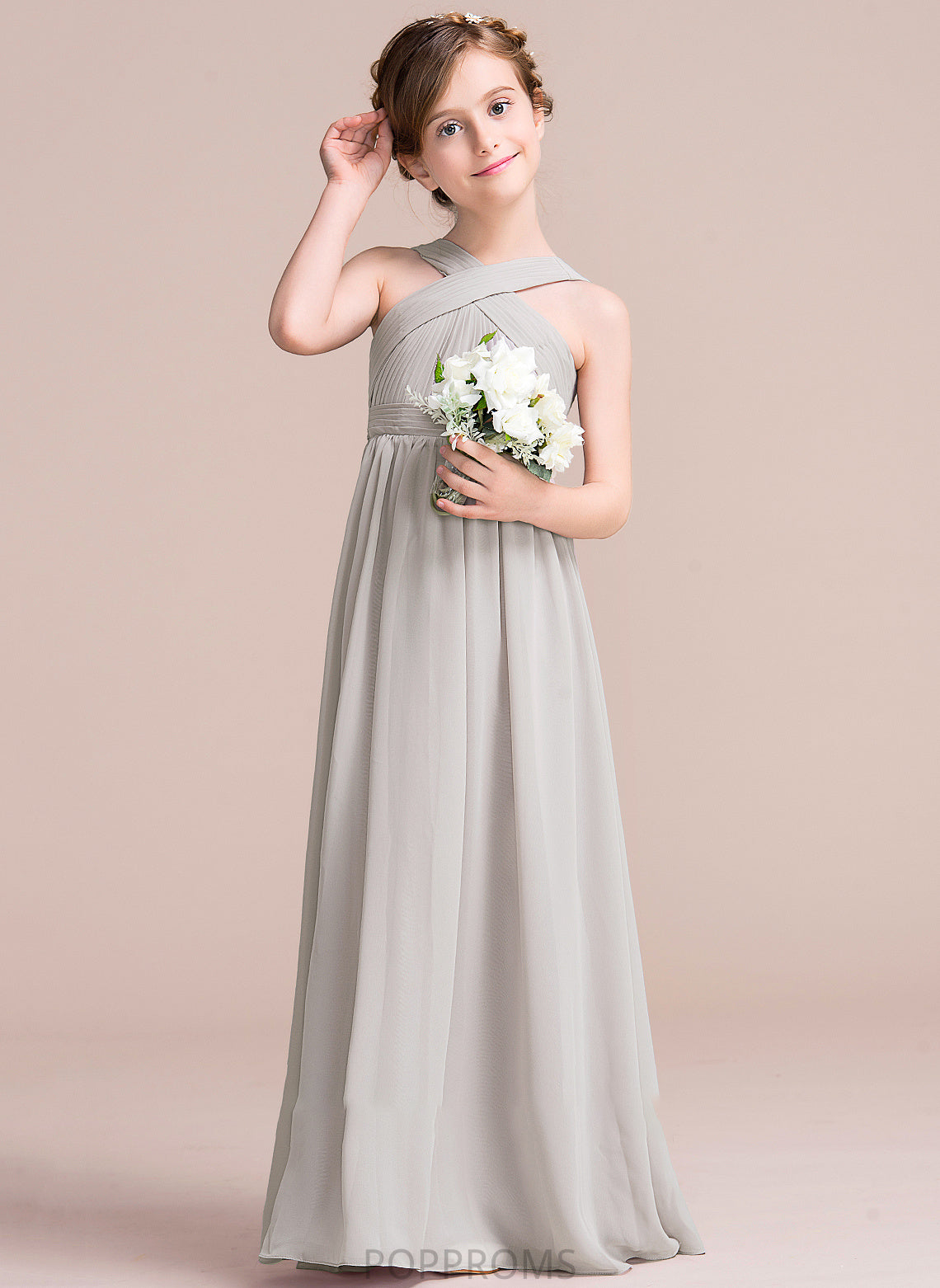 With Addison Bow(s) V-neck Chiffon Floor-Length Ruffle A-Line Junior Bridesmaid Dresses