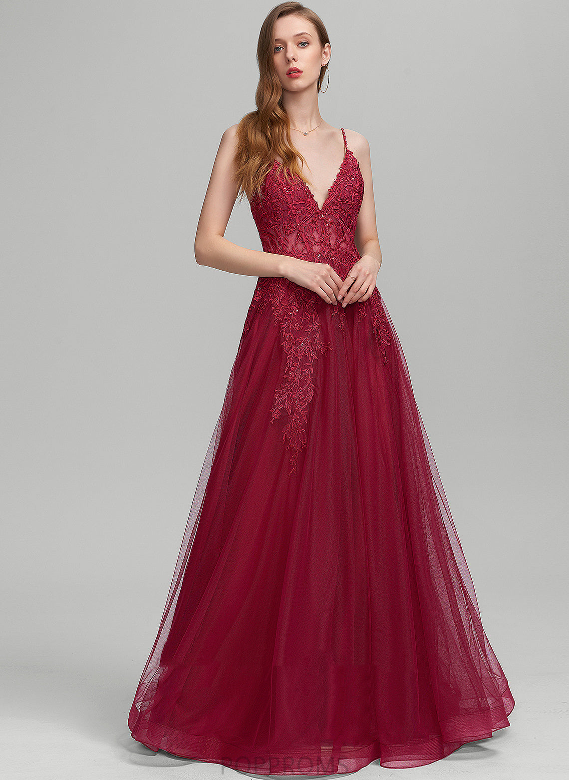 Ball-Gown/Princess With Sequins Prom Dresses Lace Beading Floor-Length Maya Tulle V-neck