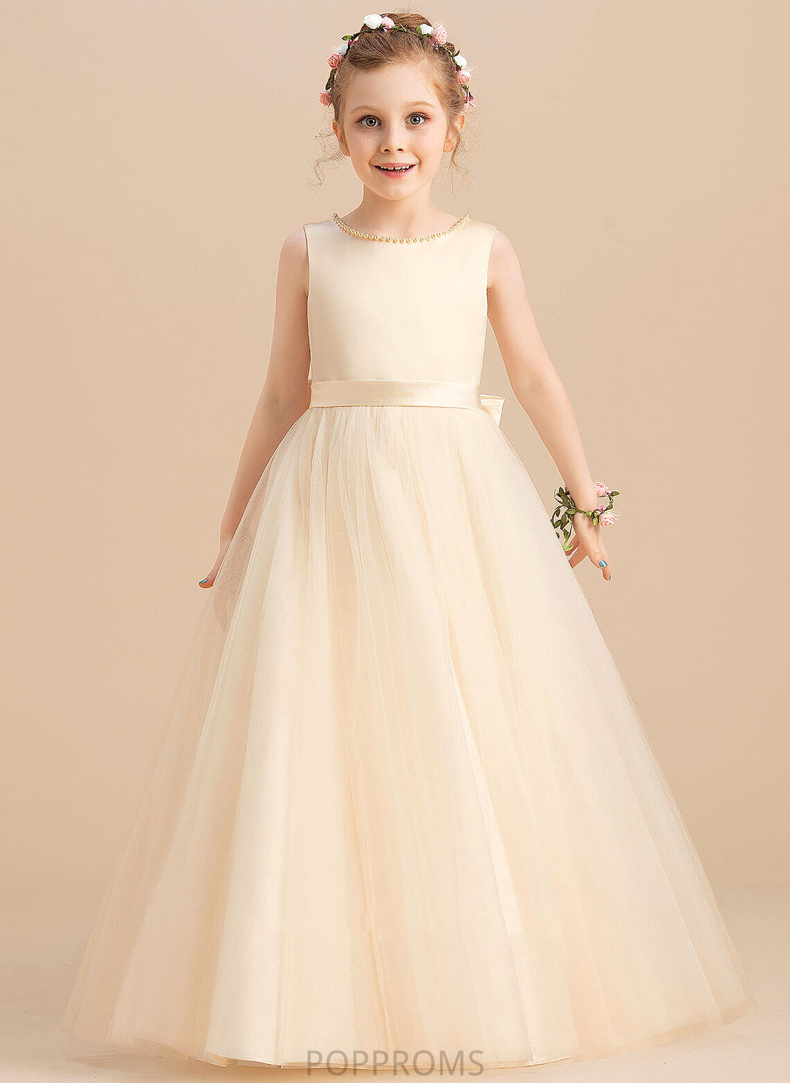 Girl Sleeveless Satin/Tulle Flower Floor-length Neck Ball-Gown/Princess Beading/Bow(s) Flower Girl Dresses Scoop Dress With - Jayden