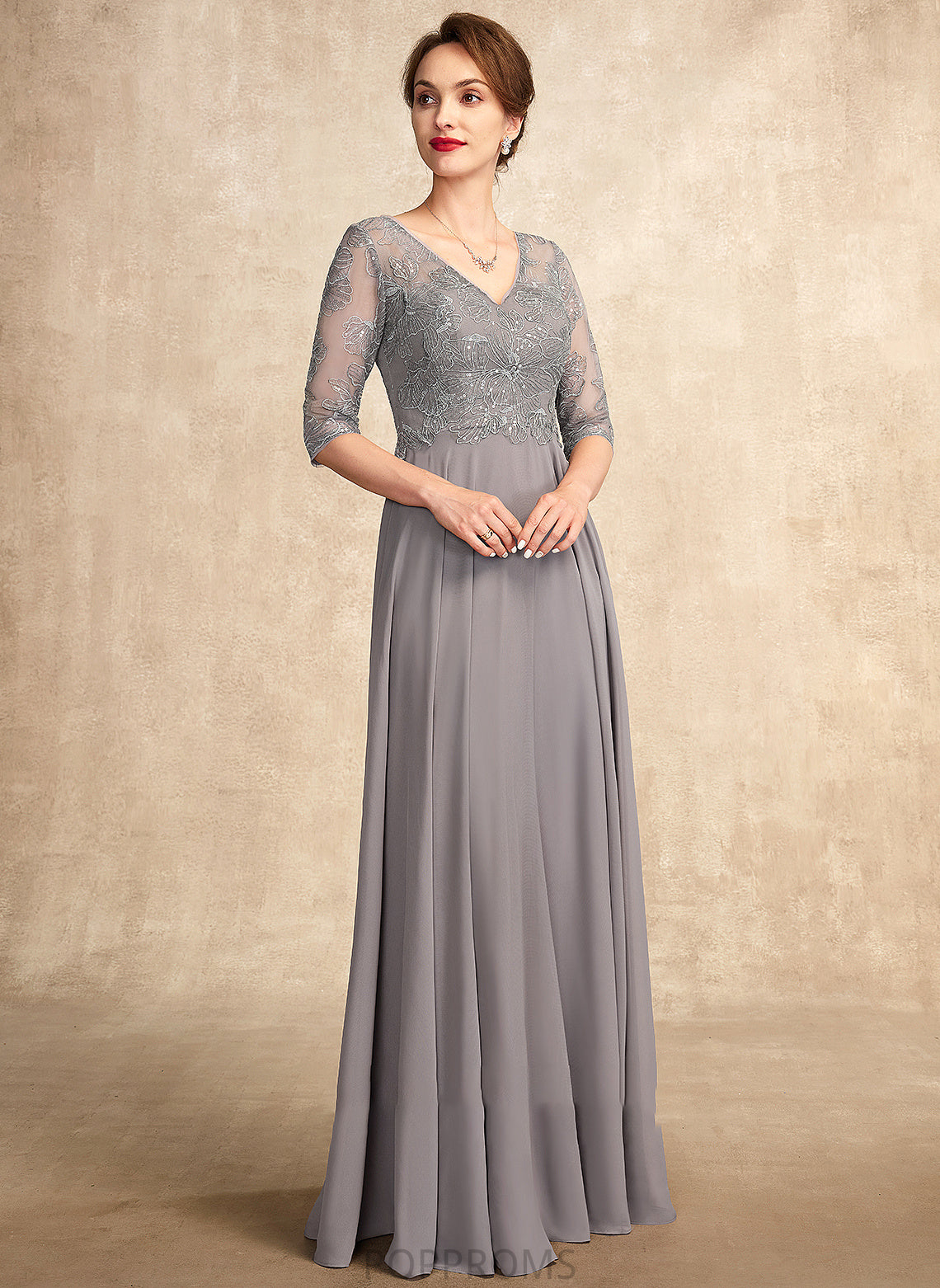 Dress Sequins Mother of the Bride Dresses With A-Line Chiffon Bride V-neck Mother Floor-Length Ellie the of Lace